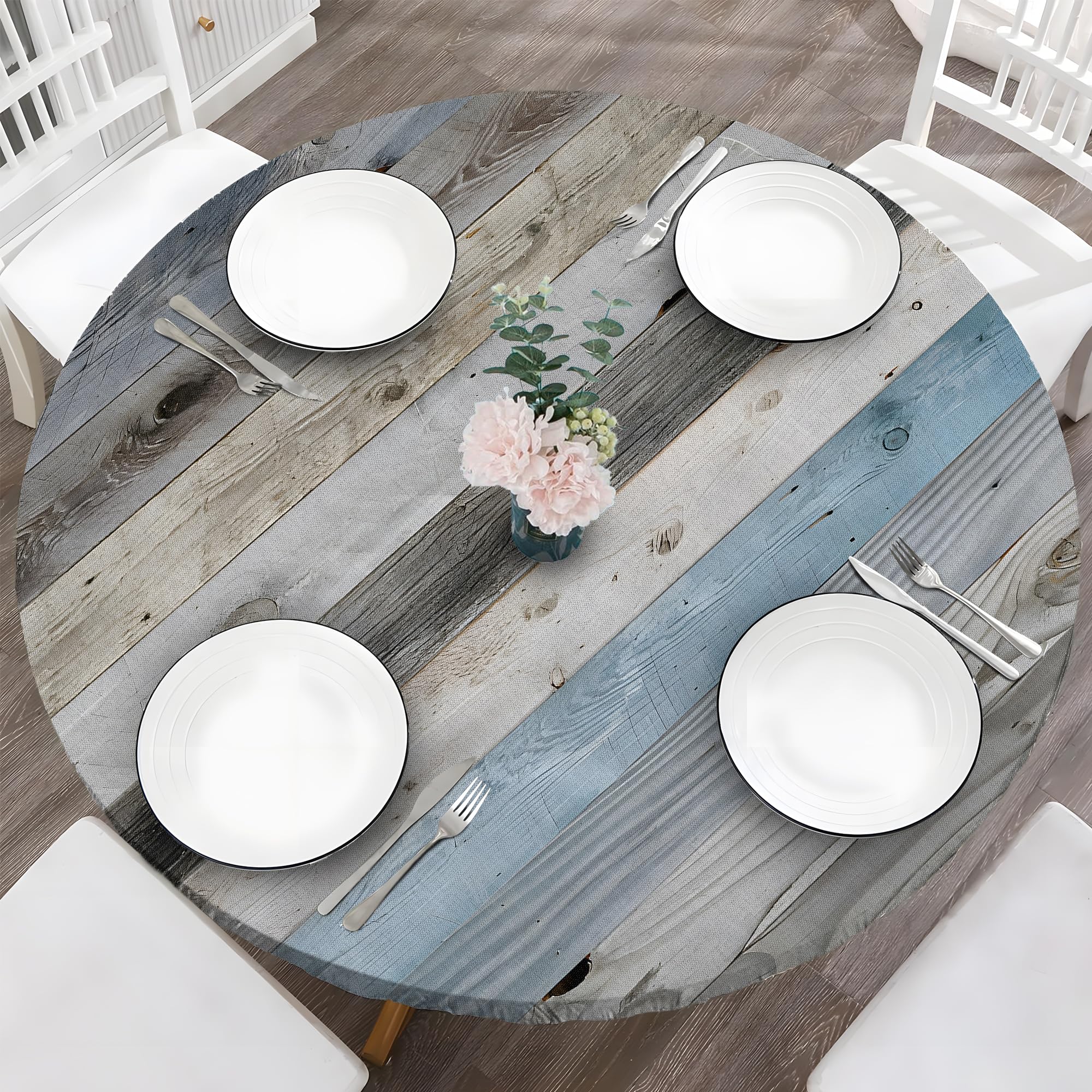 BOOWEATS Wood Grain 60 Inch Round Fitted Cloth Tablecloth with Elastic Edged, Waterproof Oil Proof Wipeable Table Cover for Indo