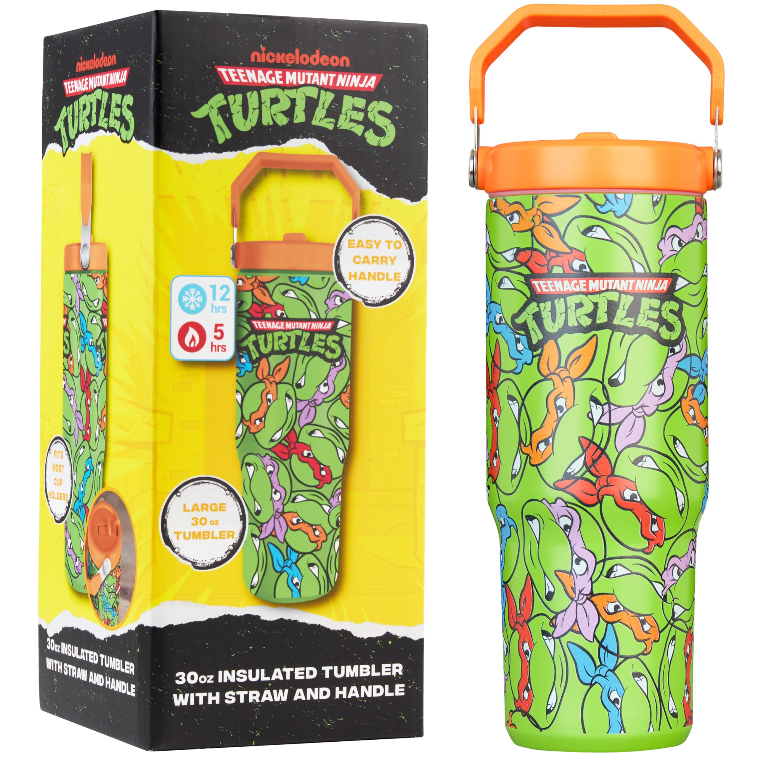 Get Trend Teenage Mutant Ninja Turtles 30oz Tumbler with Handle and Straw, Kids Stainless Steel Insulated Water Bottle, BPAFree