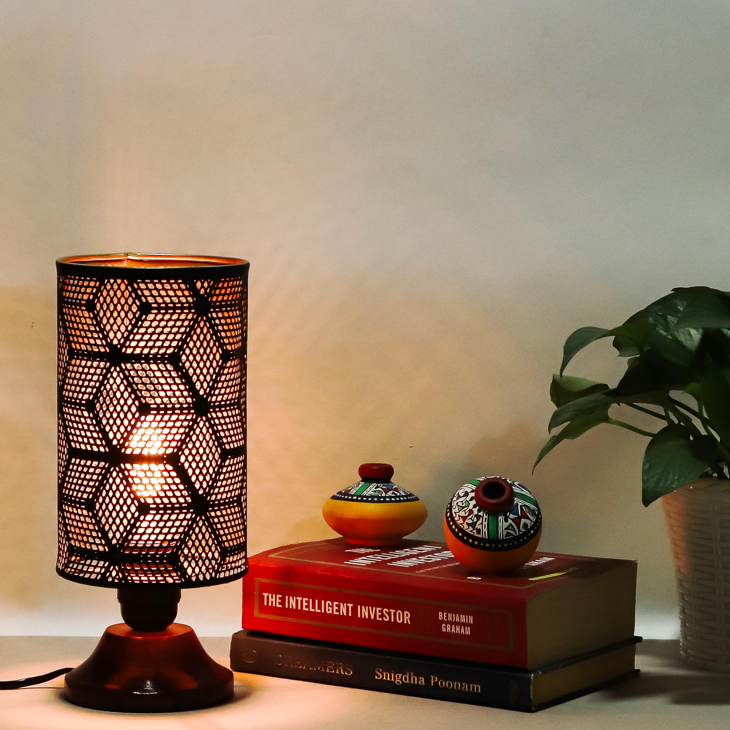 Lexton Moroccan Style HandEtched Iron Made Bedside Table Lamp | Black Metal Round Frame, E27 Bulb Holder, Wooden Stand, Corded 