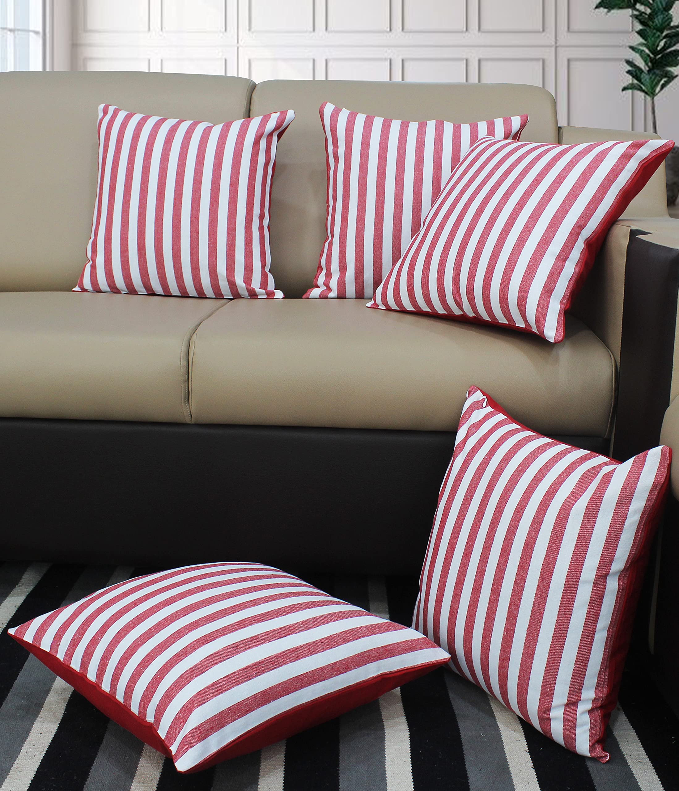 Airwill Cotton Candy Stripe Red Themed Cushion Covers For Cushions & Pillows (Red-White, Pack Of 5)