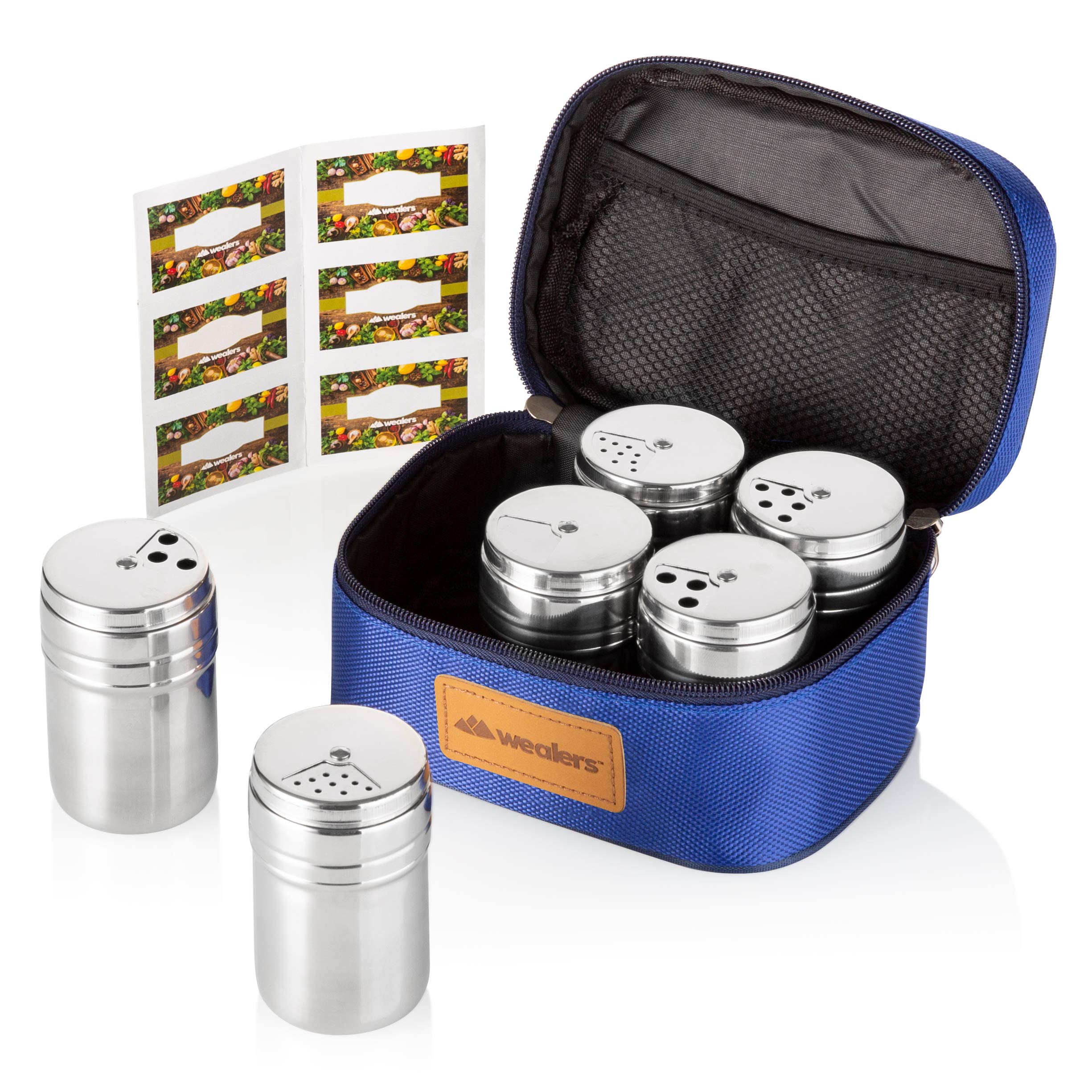 Wealers 6 Piece Stainless Steel Spice Shaker Jars Salt And Pepper Holder Bbq Spice Herbs 3 Size Cover With Bag For East Travel,