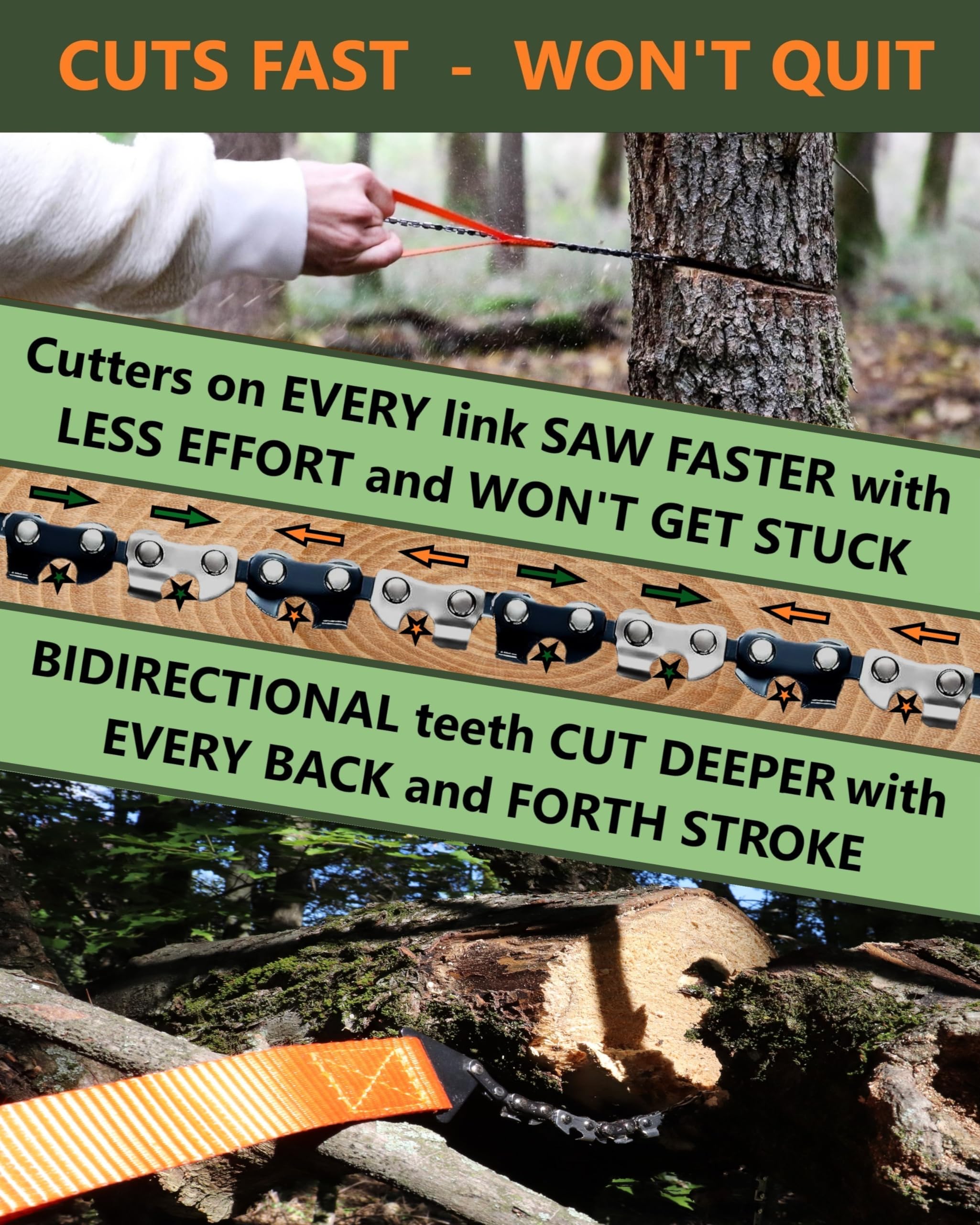 Roadfare Pocket Chainsaw - 36 Inch Hand Saw With 48 Bidirectional Teeth - Camping And Survival Chain Saw For Fast Easy Cutting -