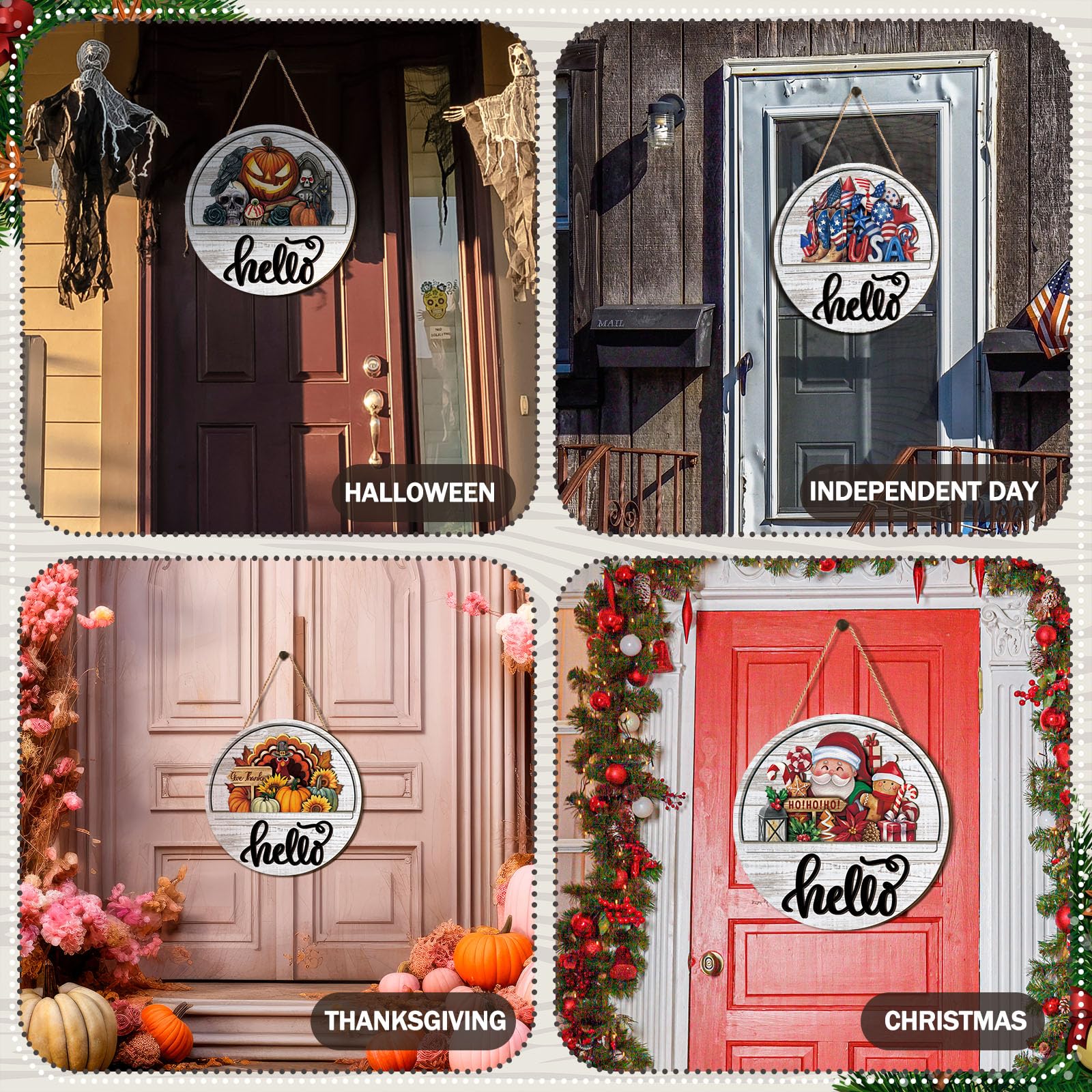 Yousoontic 17 Pcs 12 Inch Magnetic Welcome Door Sign Interchangeable Front Door Decor Rustic Christmas Seasonal Hanging Sign Tha