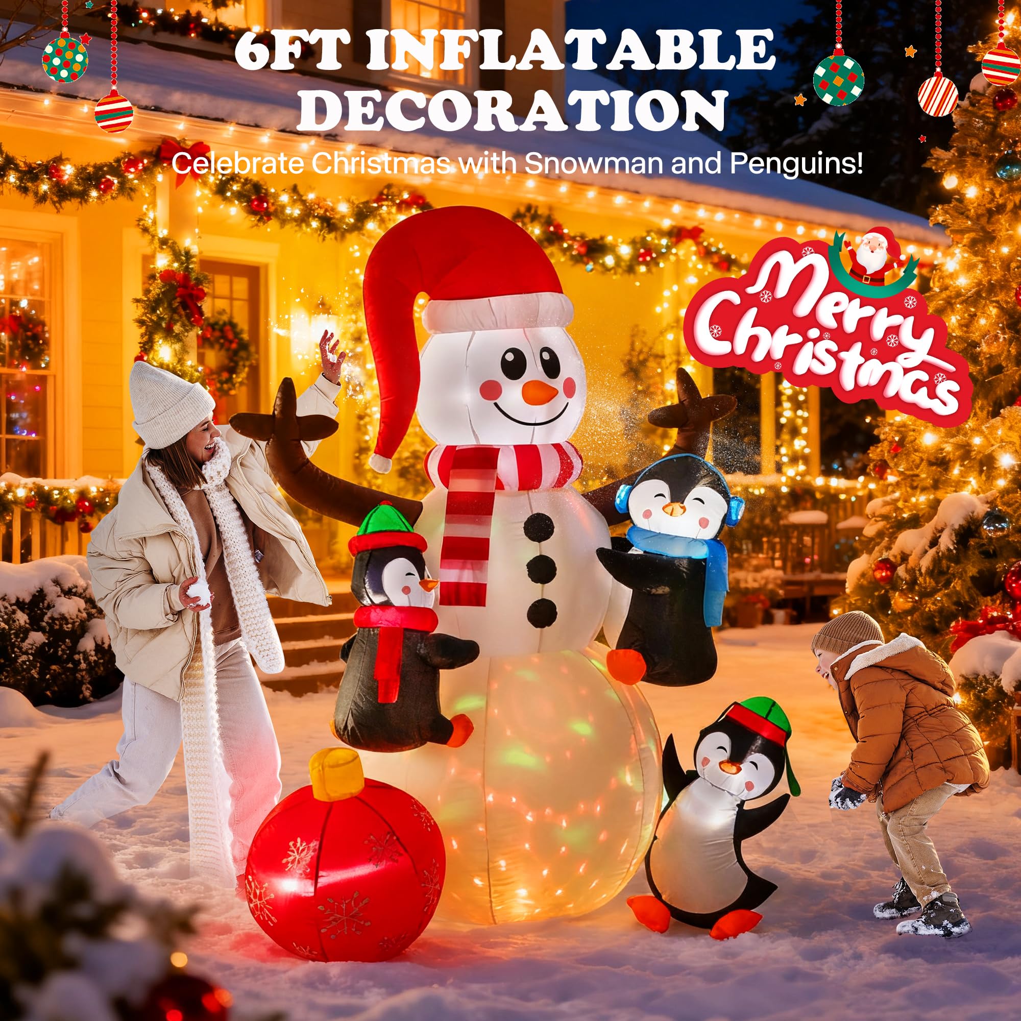 VIVOHOME 6FT Christmas Inflatable Outdoor Decoration, Snowman with Penguin and Red Ball, Navidad Blow Up Yard Decor with Built-i