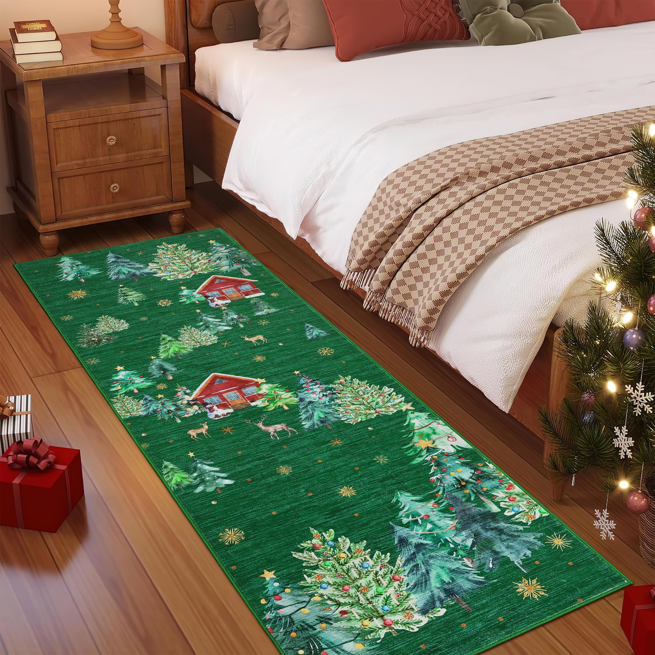 GarveeHome Christmas Washable Runner Rug 2x8 Kitchen Rugs Non Slip Bath Rugs Low Pile Entryway Rug Xmas Tree Foldable Stain Resi