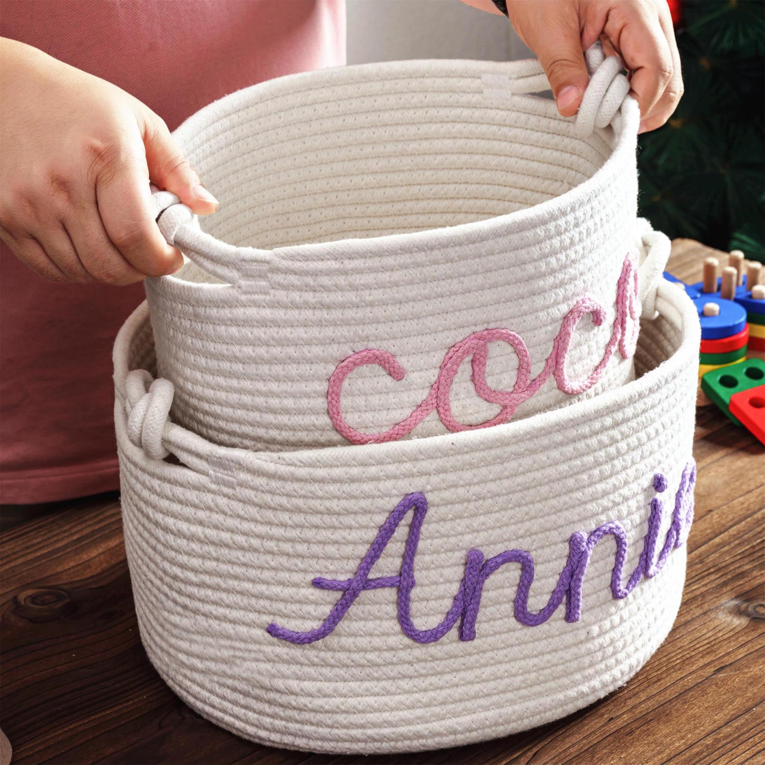 JUPPE Personalized Baby Shower Basket Gift, Baptism Gift Toys and Storage Organizer Custom Baby Boy Girl Name Cotton Rope Basket