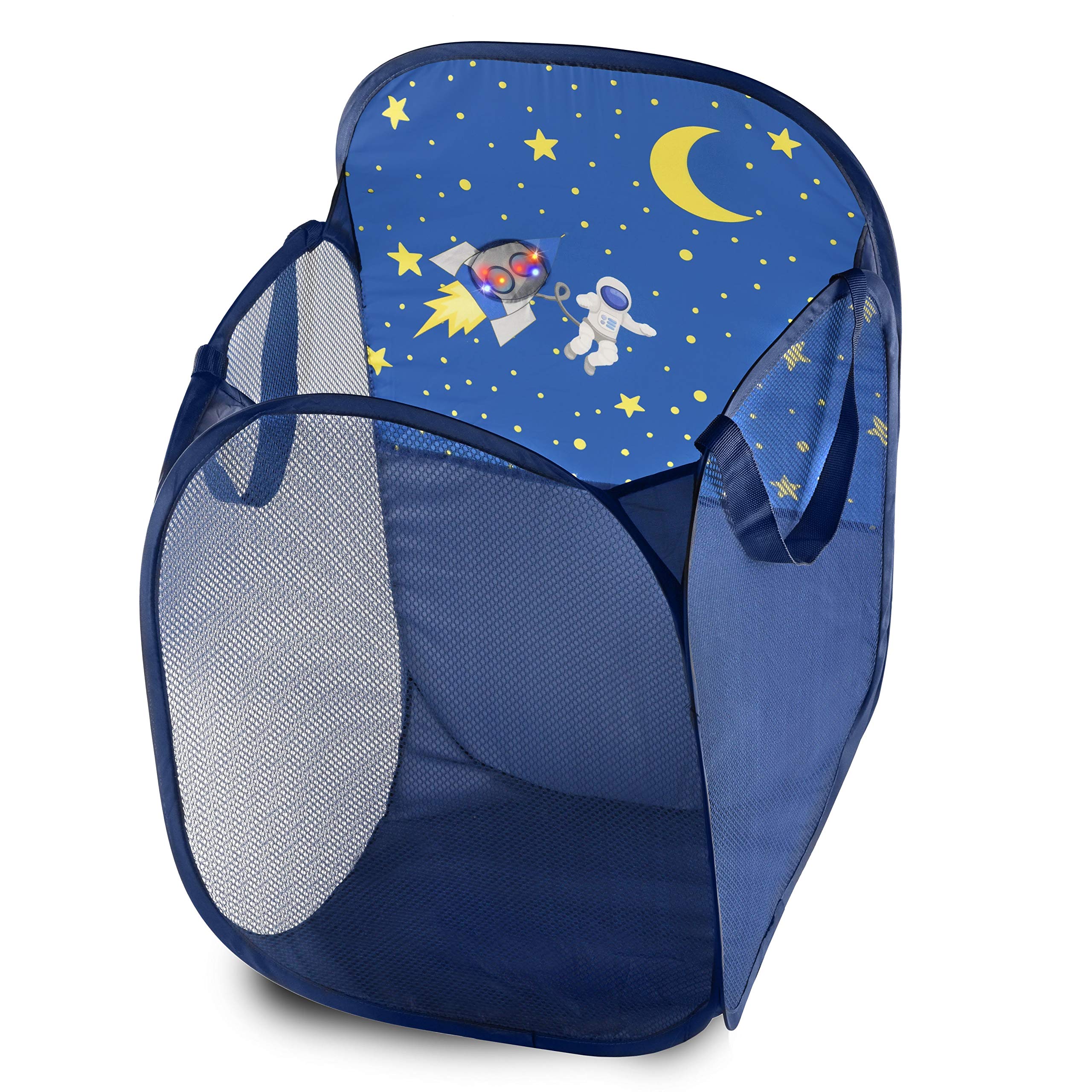 Kids Fun Led Space Ship Light-Up Mesh Pop-Up Hamper, Collapsible Space Saving And Easy To Store, Reinforced Heavy Duty Side Carr