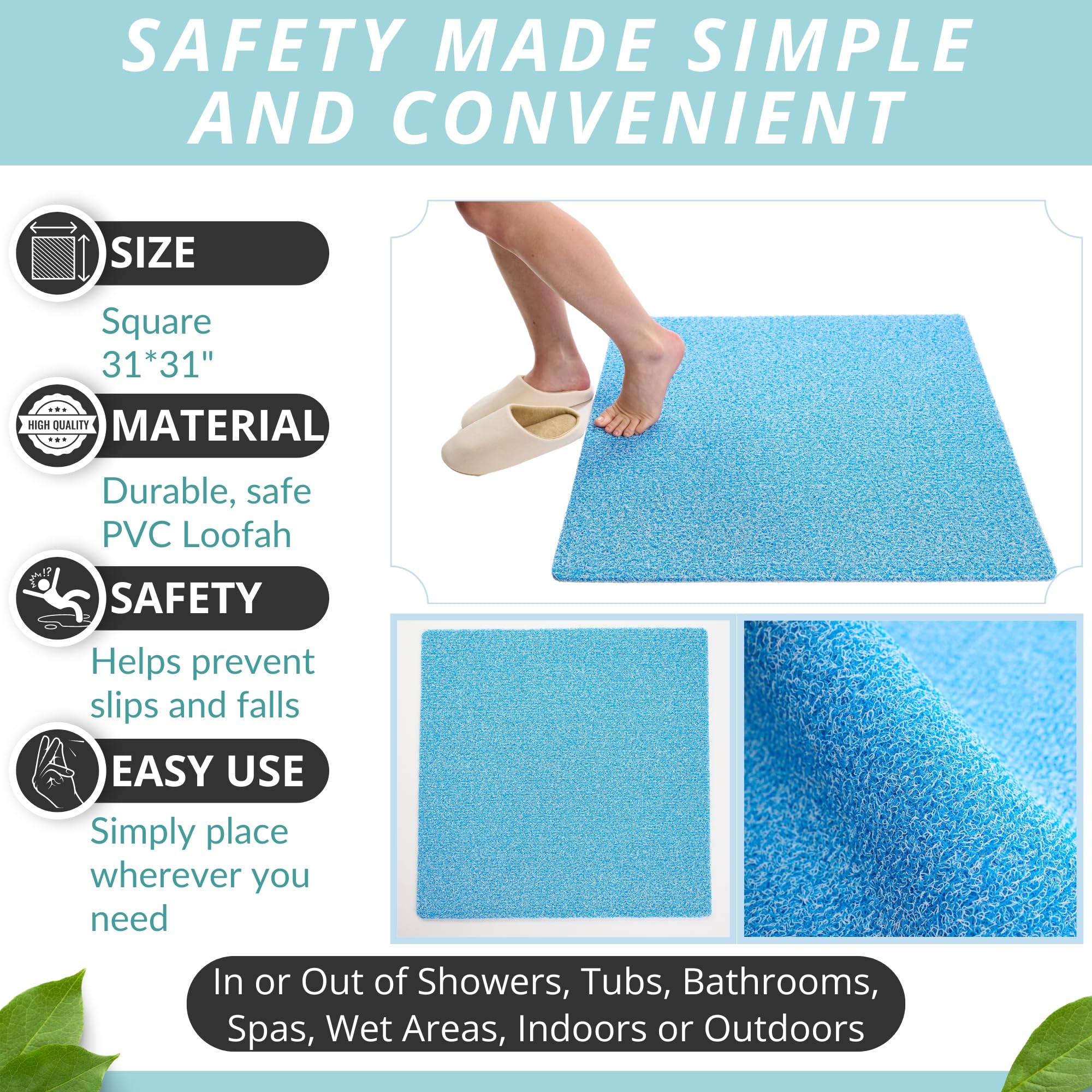 Extra Large Square Shower Mat Non Slip - Soft Pvc Loofah Square Bath Mats - Safe Inside Or Outside Bathroom Shower Floors - Secu
