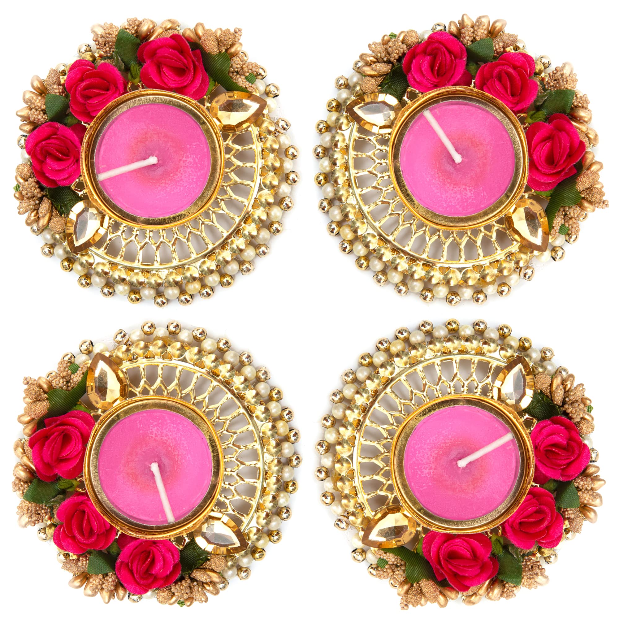 HomeSquare Tealight Holder Decorative Diwali Diya with Artificial Flowers & Tealights (Pack of 4)
