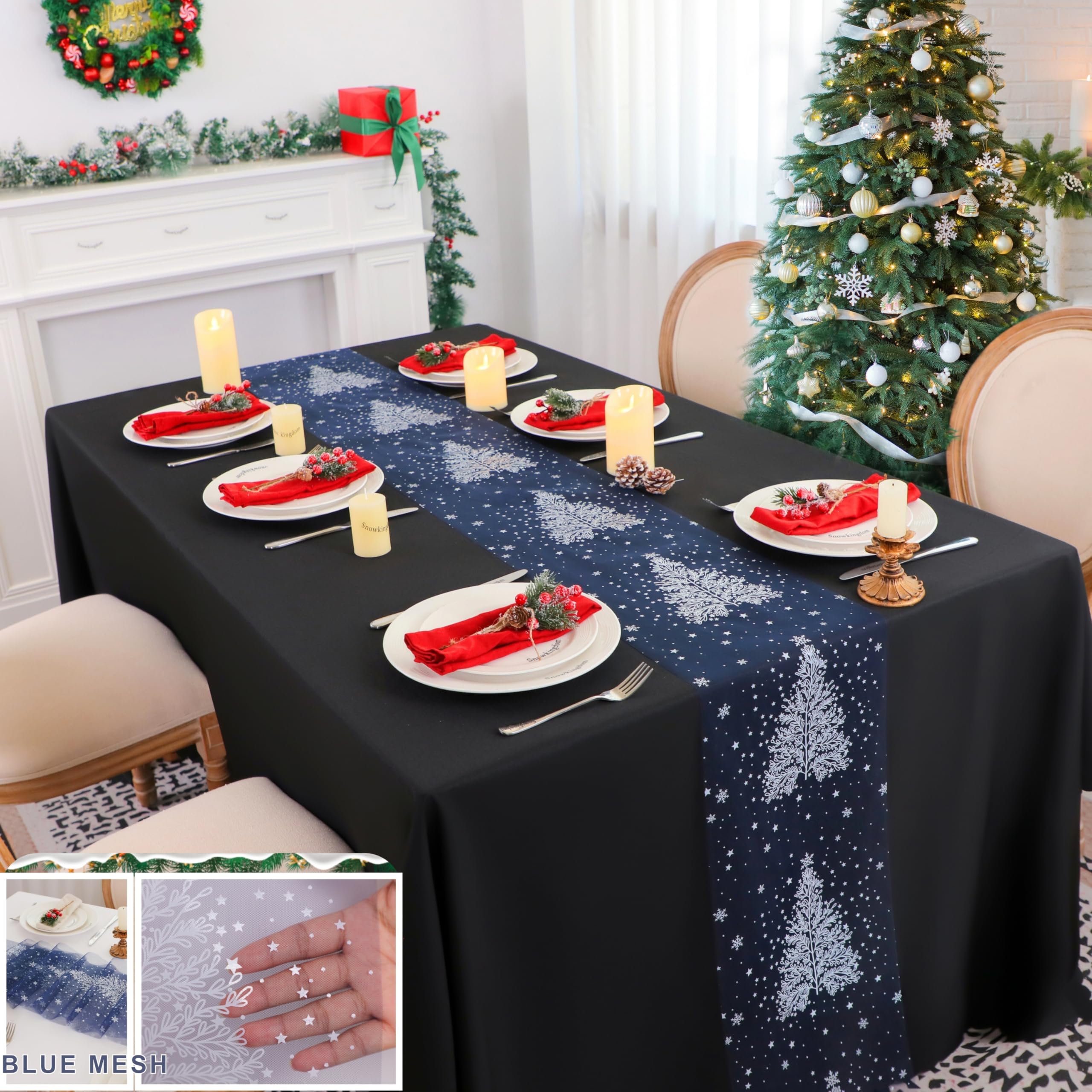 Snowkingdom Blue Christmas Table Runner, White Xmas Tree Snowflakes Table Runners Thin Mesh Lightweight 120 Inches Kitchen Dinin