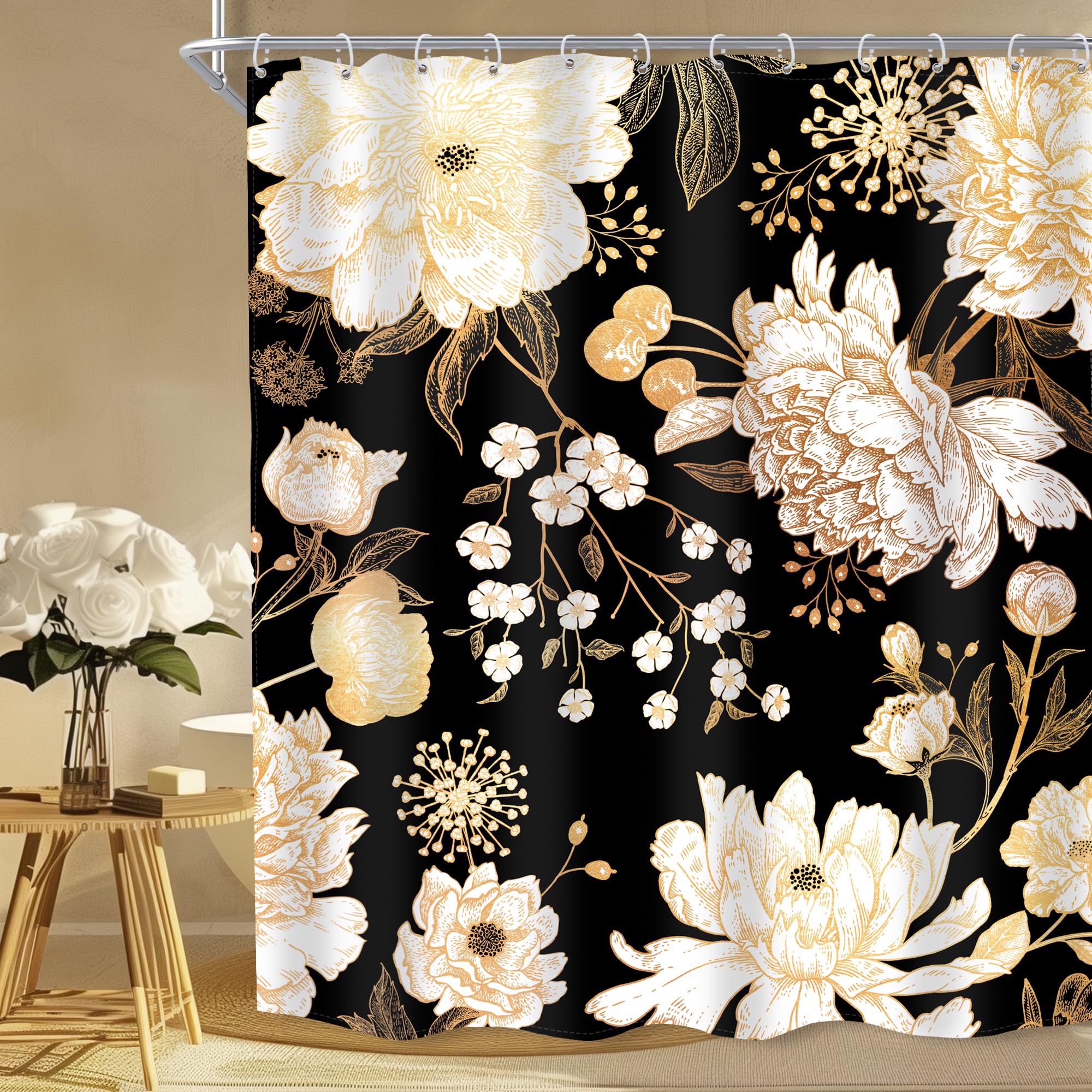 Meshelly Black And Gold Shower Curtain 60Wx72H Boho Floral Shower Curtain Brown Shower Curtain Women Vintage Roses Flower Peony