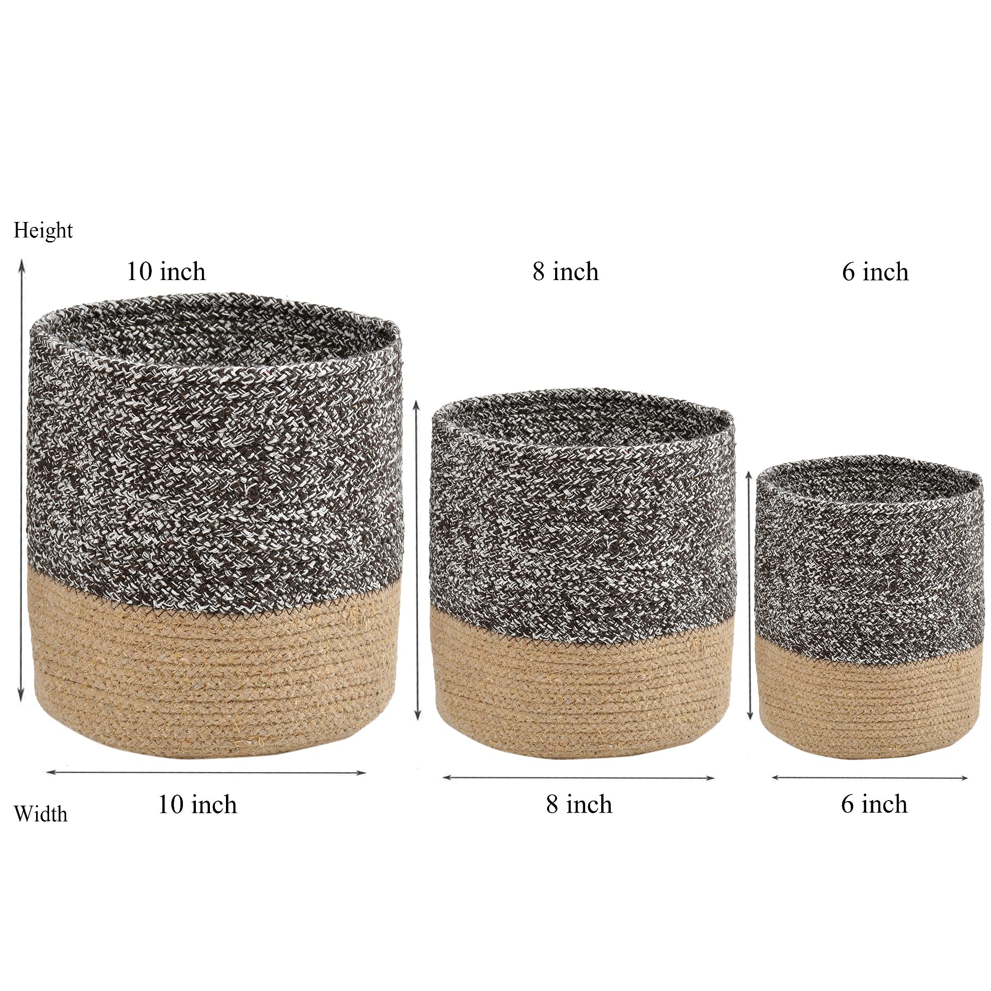 Lavichitra Braided Cotton Baskets | Storage Bins Organizer | Laundry, Toys & Planter Basket- Set Of 3 (6,8,10 Inch), Coffee