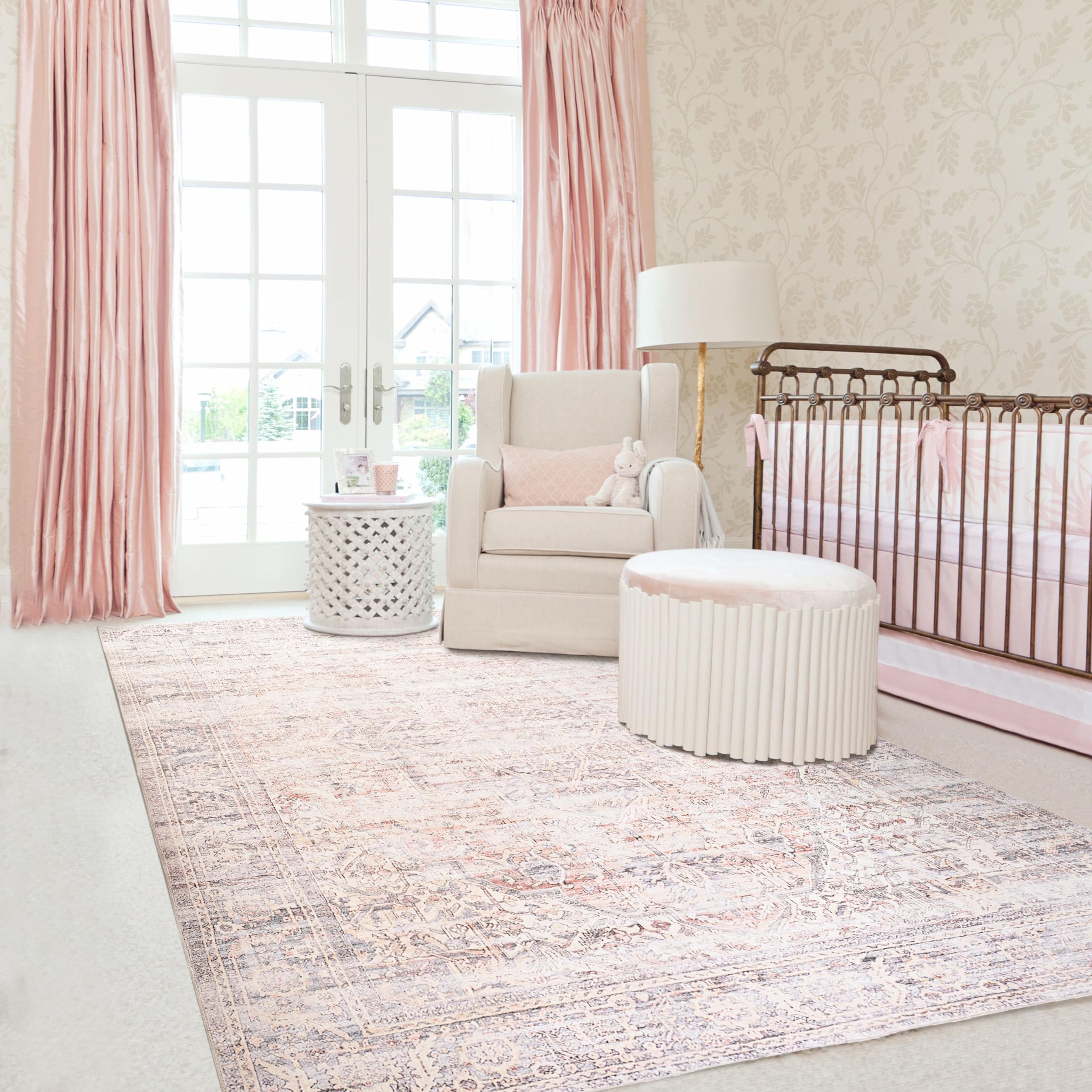 BILEEHOME Nursery Rug Girl Baby,Boho Neutral Washable Soft 6x9 Area Rug for Bedroom,Pink and Grey