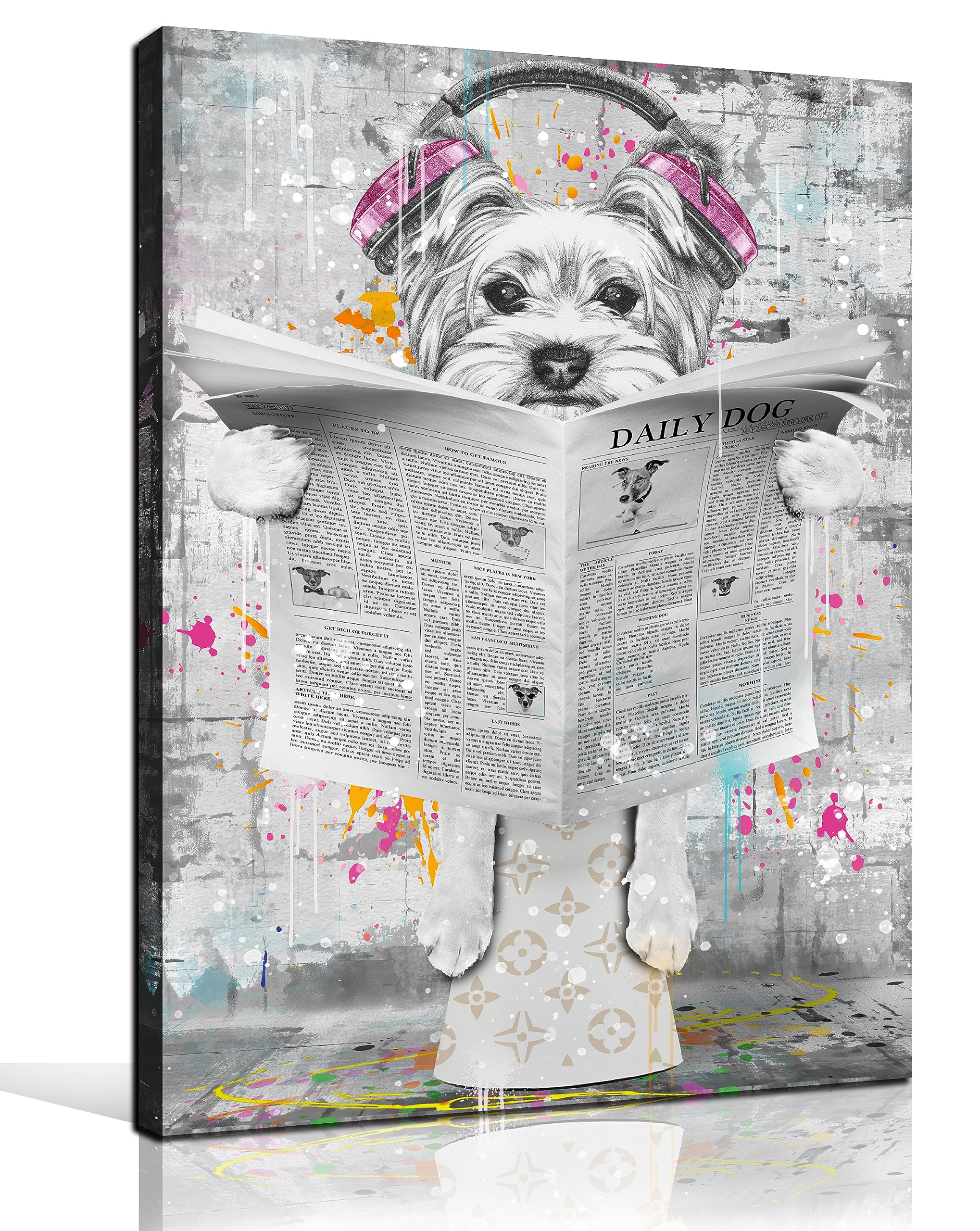 Entanub Bathroom Decor Wall Art, Black And White Graffiti Dog Canvas Print Painting, Funny Animal Picture For Bedroom, Size 24X3