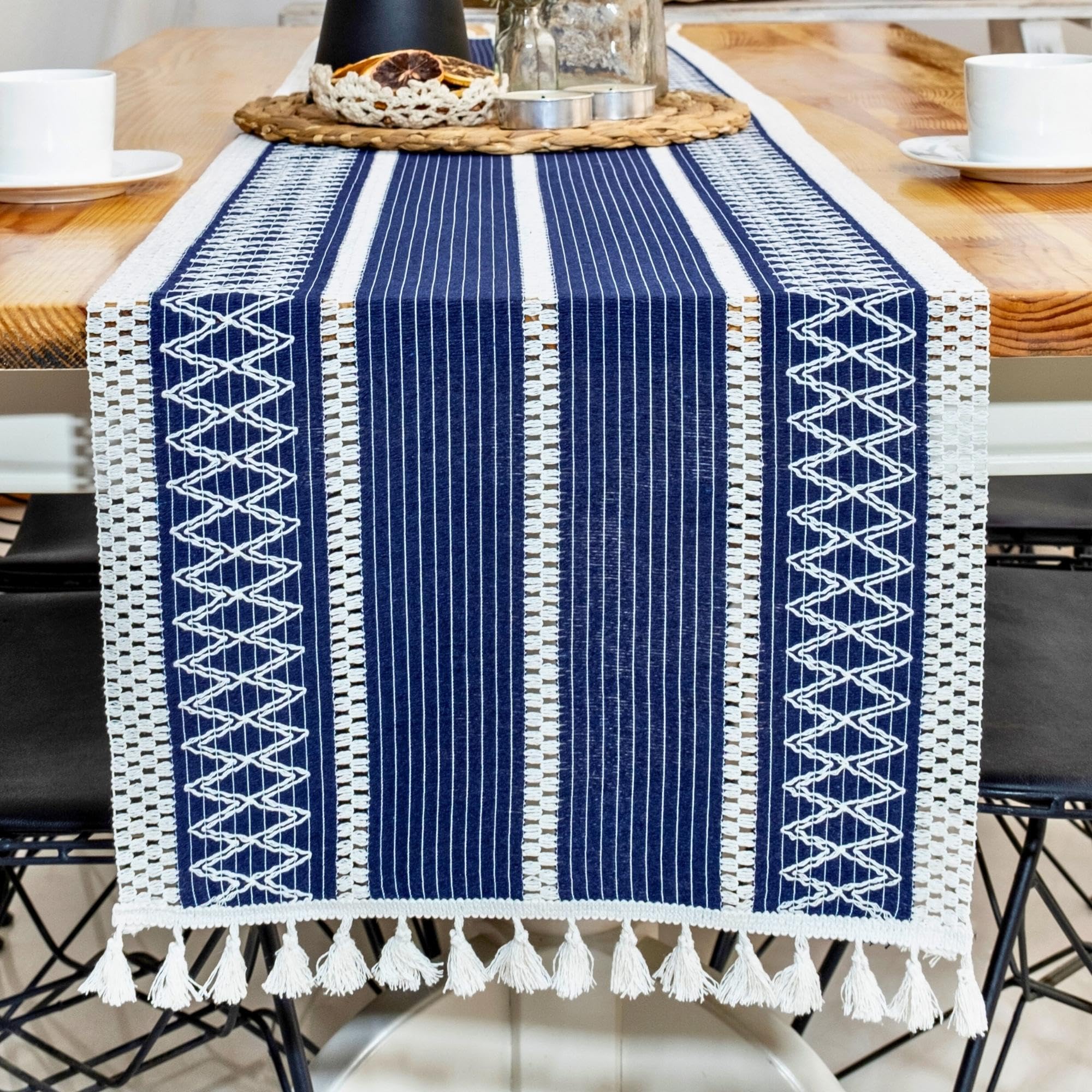 Boho Blue Table Runner 60 Inches Long, Farmhouse Rustic Table Runner Cream & Blue Macrame Table Runner With Tassel - Fall Decora