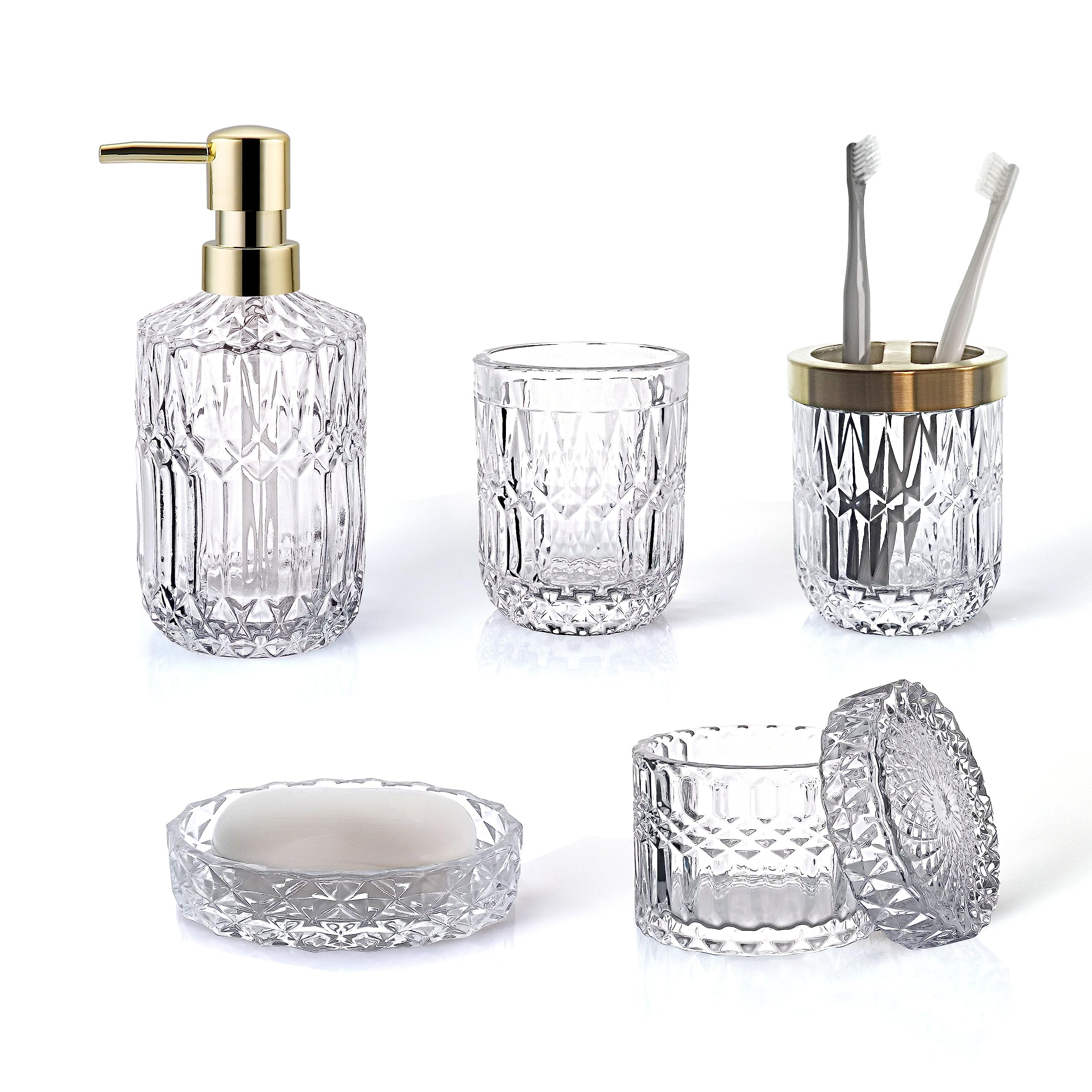 Lamarriti 5Pcs Clear Glass Bathroom Accessories Complete Set, Lotion Dispenser, Soap Dish, Tumbler, Cotton Swab Jars, Toothbrush