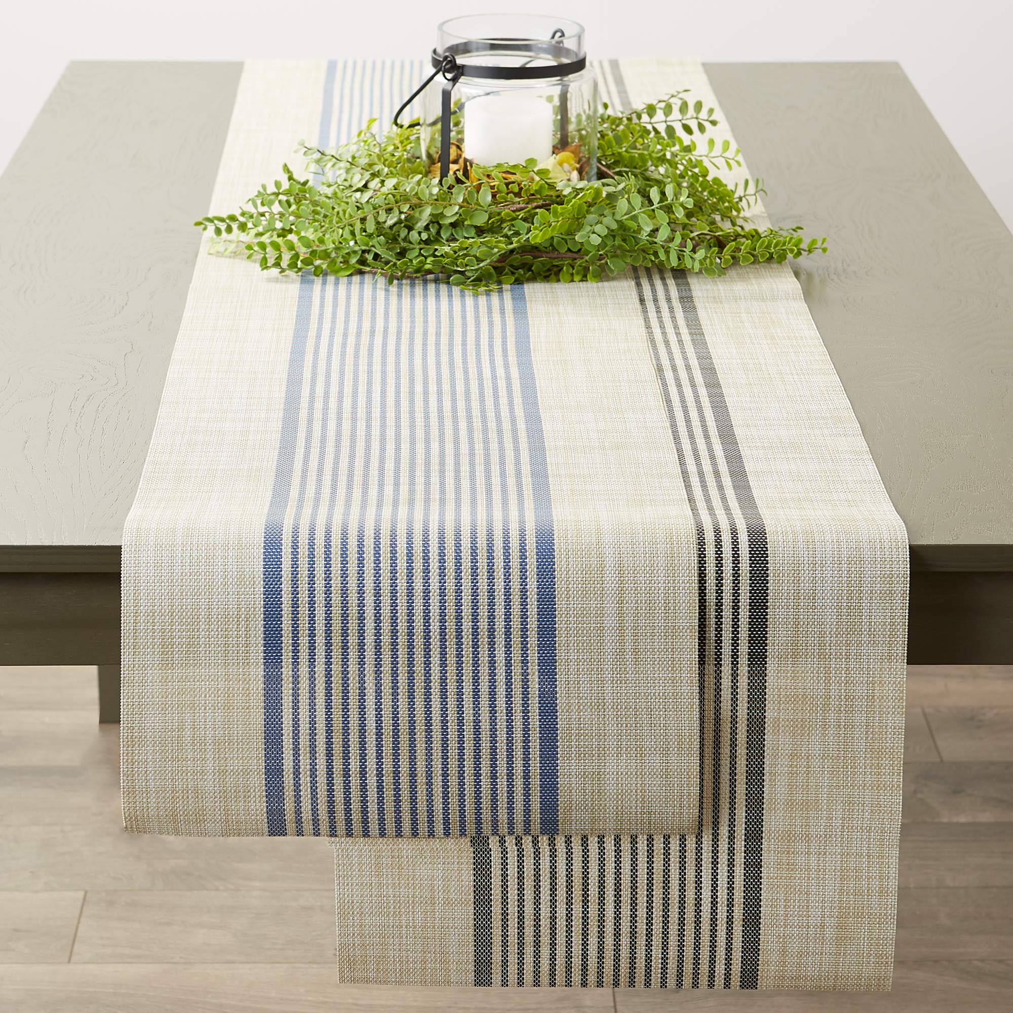 DII French Blue Middle Stripe PVC Woven Table Runner 14x72