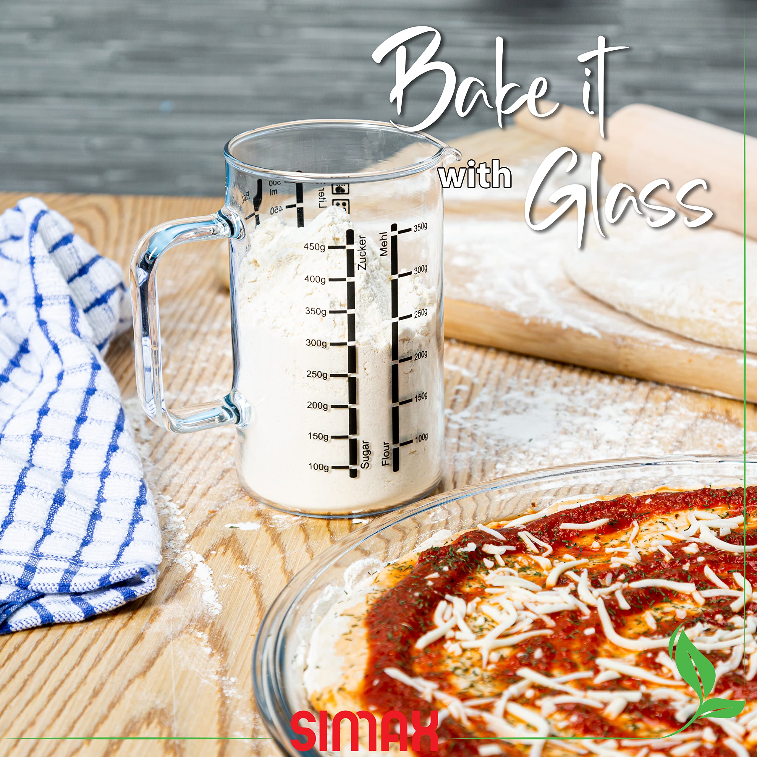 Simax Glass Measuring Cup | Durable Borosilicate Glass, Easy To Read Metric Measurements- Liter, Milliliter, Ounce, Sugar Grams,