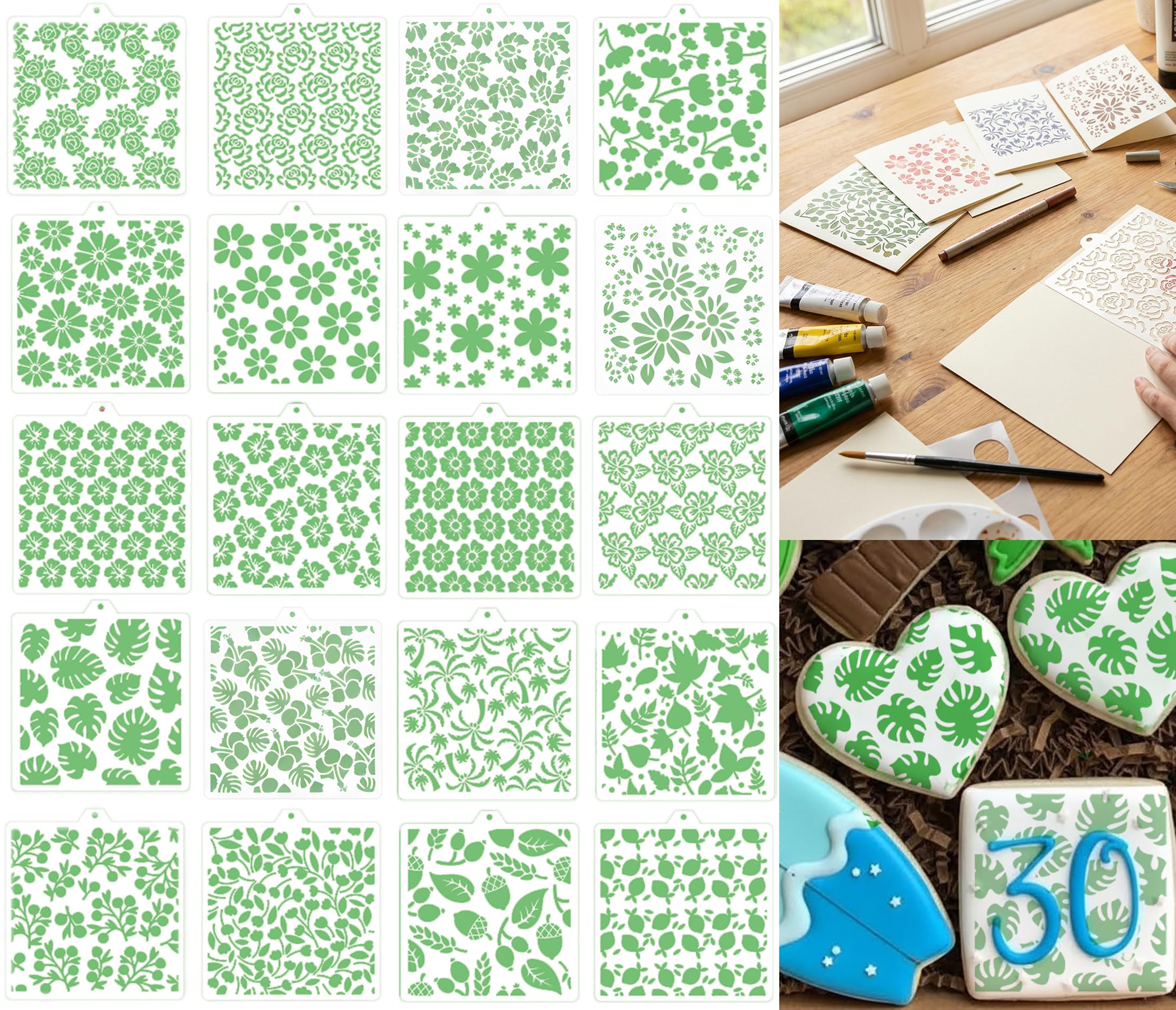 20Pcs Floral Cookie Stencils Set - 5.9Inch Flower Plant Leaf Hibiscus Rose Vine Patterns, Food-Safe Airbrush Stencils for Beginn
