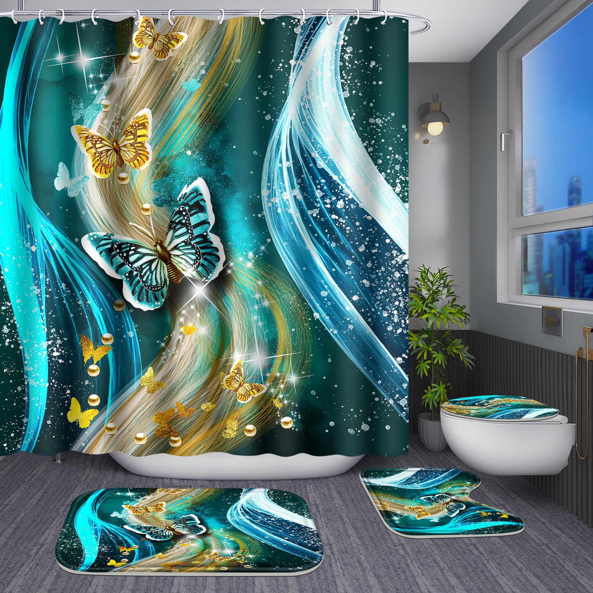 Poedist 4 Pcs Bathroom Shower Curtain Set,Blue Light Butterfly Bathroom Sets With Rugs(Bath Mat,U Shape And Toilet Lid Cover Mat
