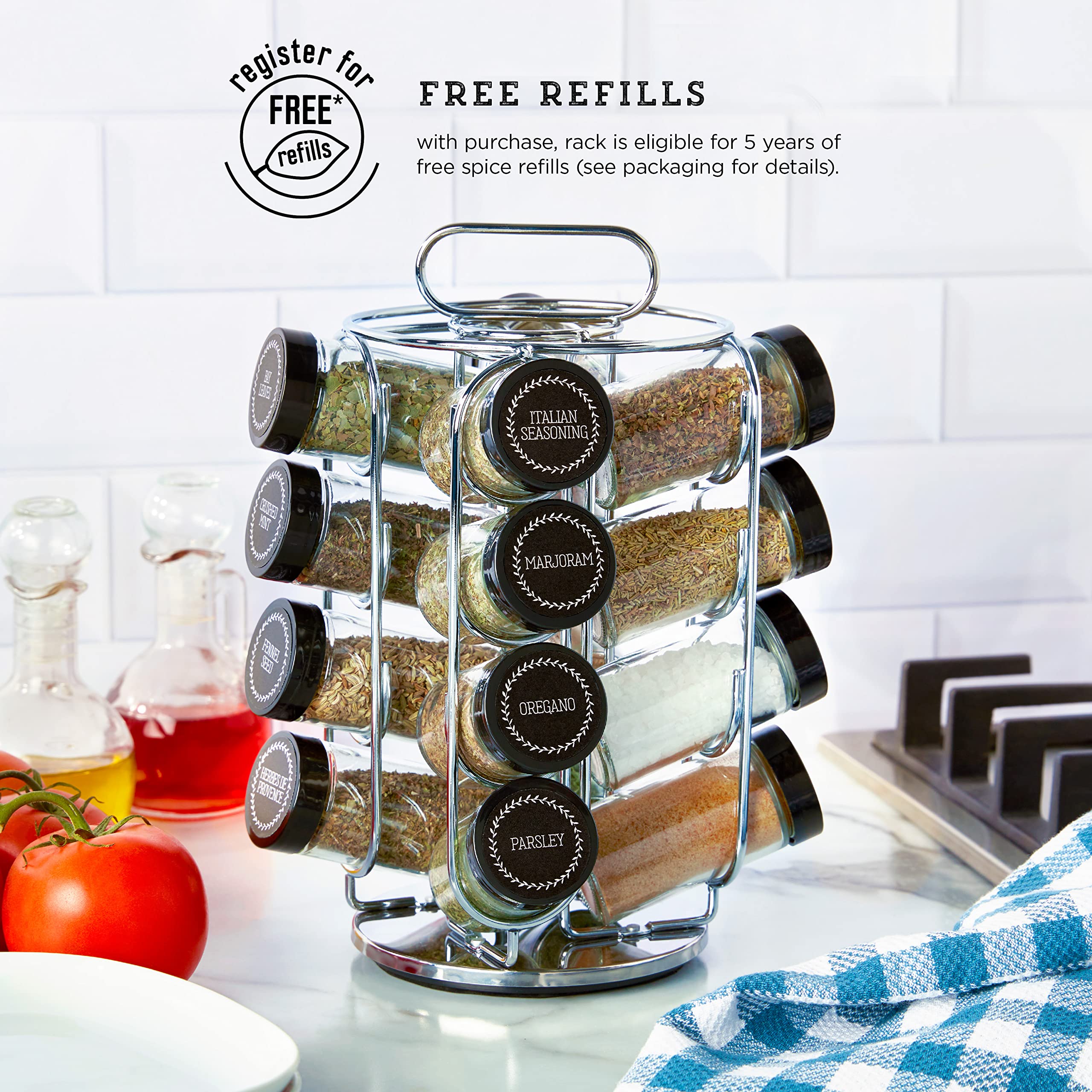 Kamenstein 16 Jar Montauk Revolving Countertop Spice Rack Organizer with Spices Included, FREE Spice Refills for 5 Years, Chrome