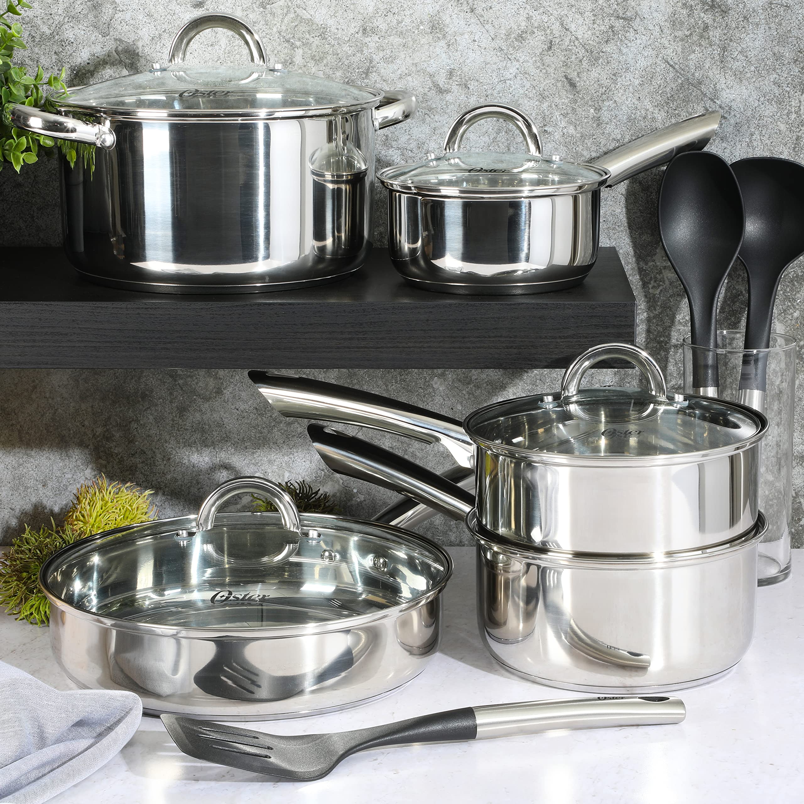 Oster Sangerfield 12-Piece Stainless Steel Cookware Set With Kitchen Tools, Non-Stick Pots and Pans, Durable Oven Safe Cookware