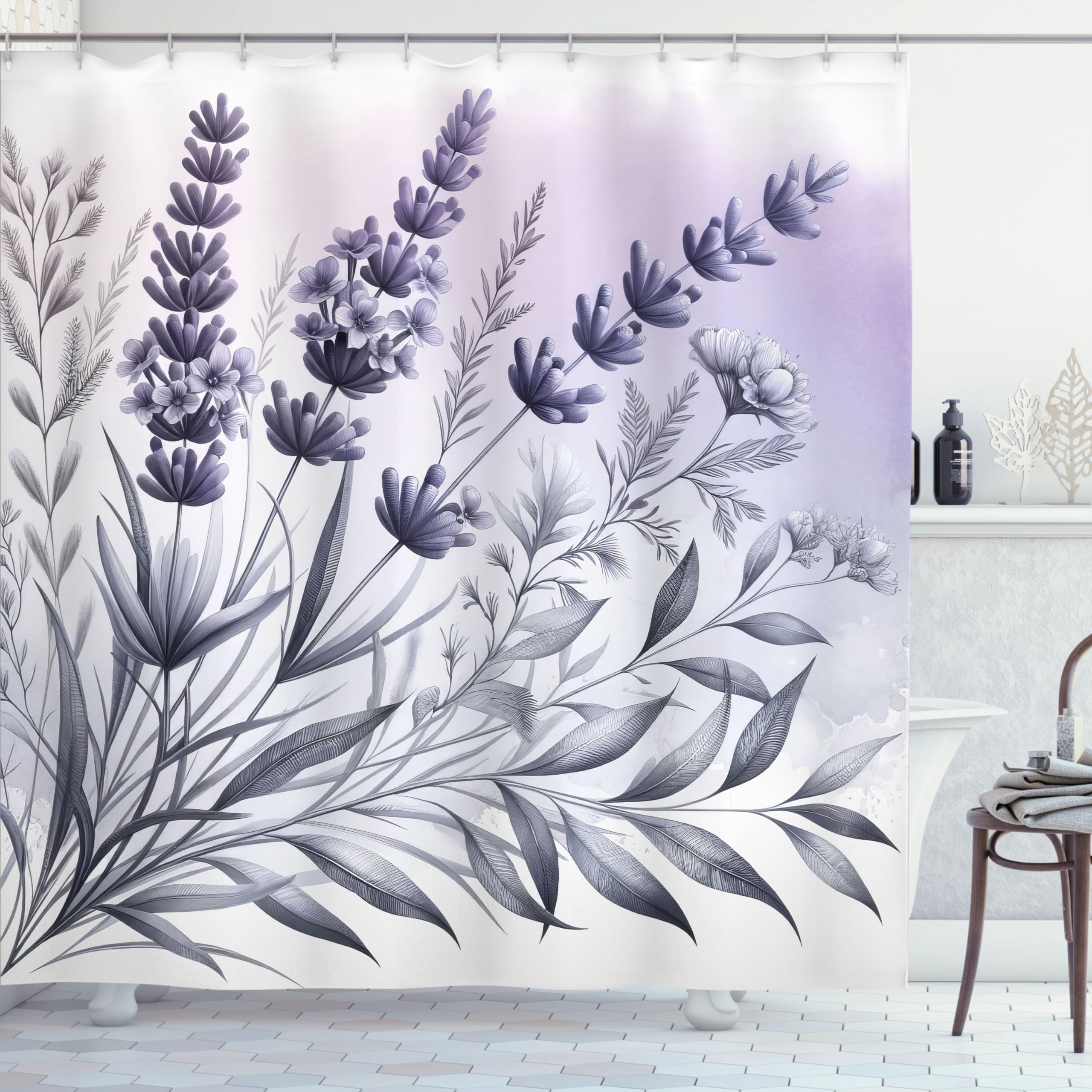 Ambesonne Lavender Shower Curtain, Muted Tones Drawn Leafy Blooms With Dreamy Cloud Details On Plain Back, Cloth Fabric Bathroom