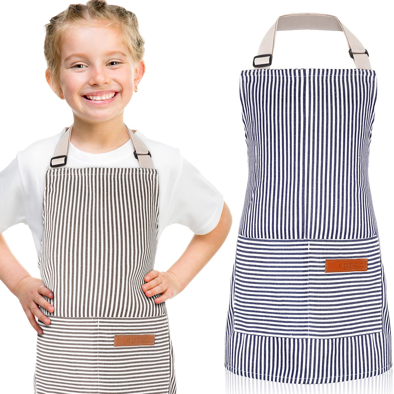 Jiuguva 2 Pcs Kids Apron Adjustable Cotton Toddler Cooking Stripe Chef Apron with 2 Pockets for Children Baking(Blue, Brown)