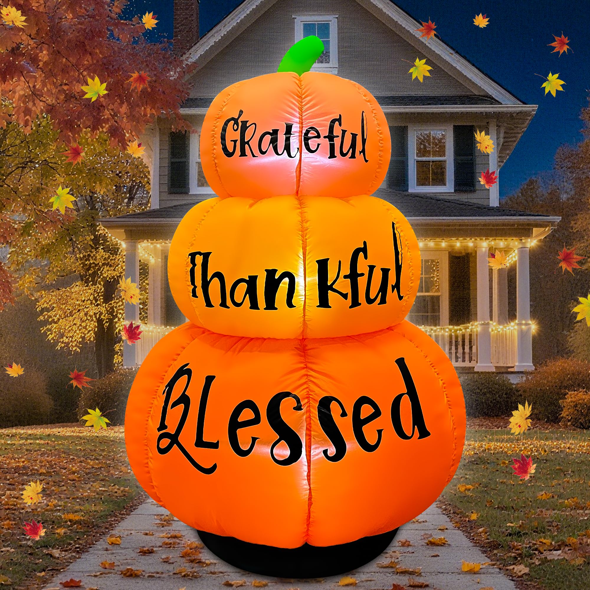 JOYEASE Thanksgiving Inflatables,6FT Stacked Pumpkins Decoration Built-in LEDs Fall Blow up Grateful Thankful Blessed Thanksgivi