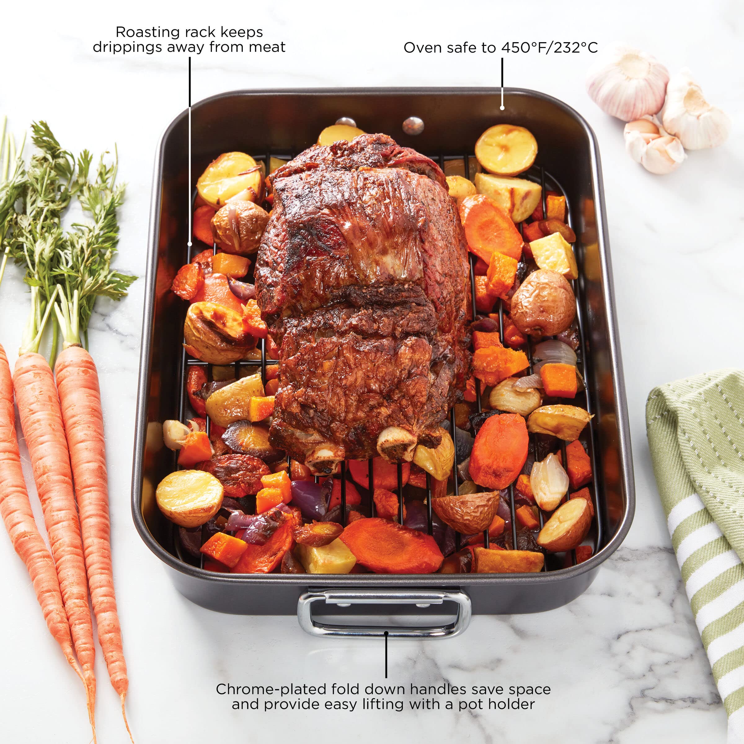 Allrecipes Nonstick Roaster With Flat Rack, 10X15-Inch, Black