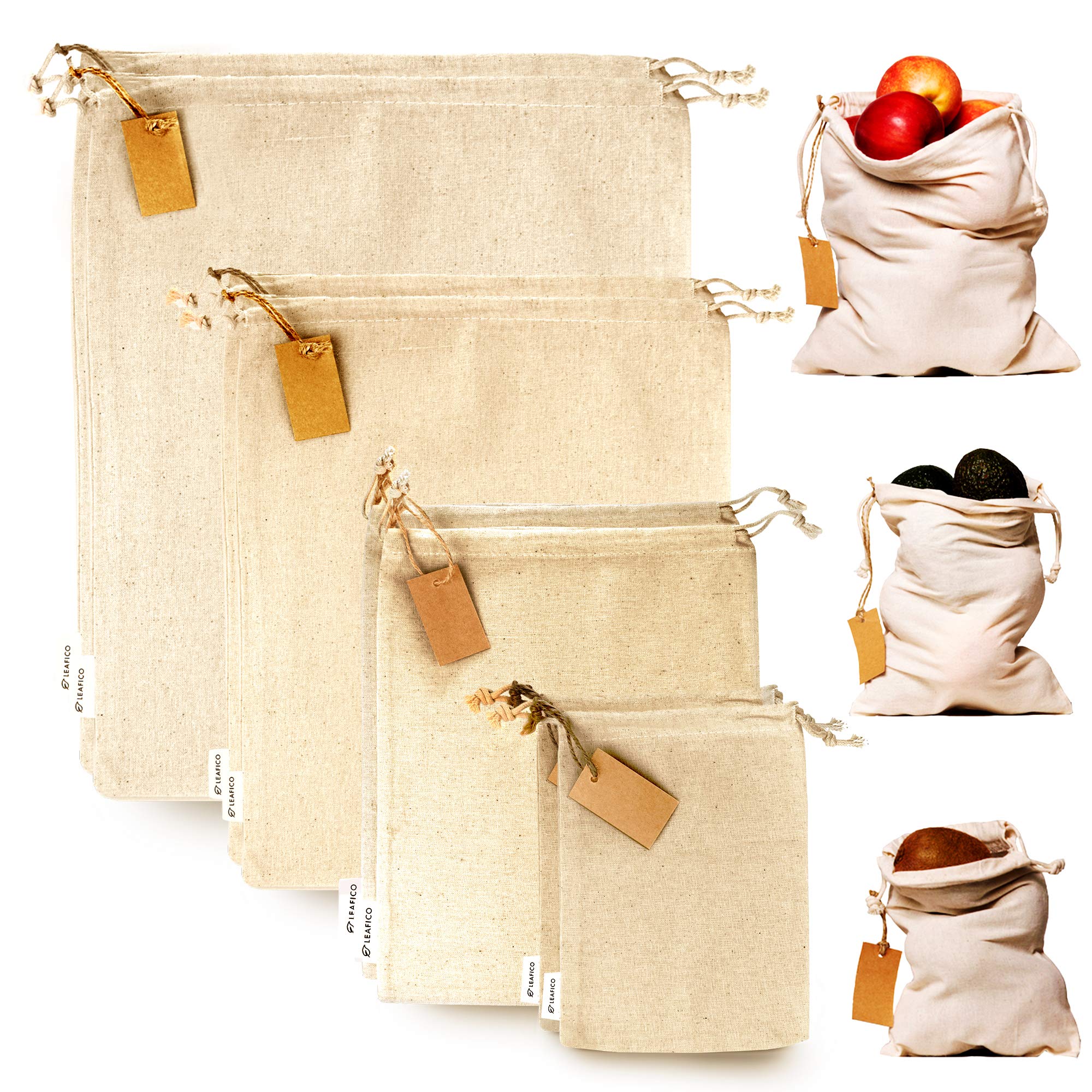 LEAFICO Muslin Cloth Bags with Drawstrings - Set of 8 (S, M, L, XL) - Reusable Natural Cotton Bags for Bulk Food Storage - Canva