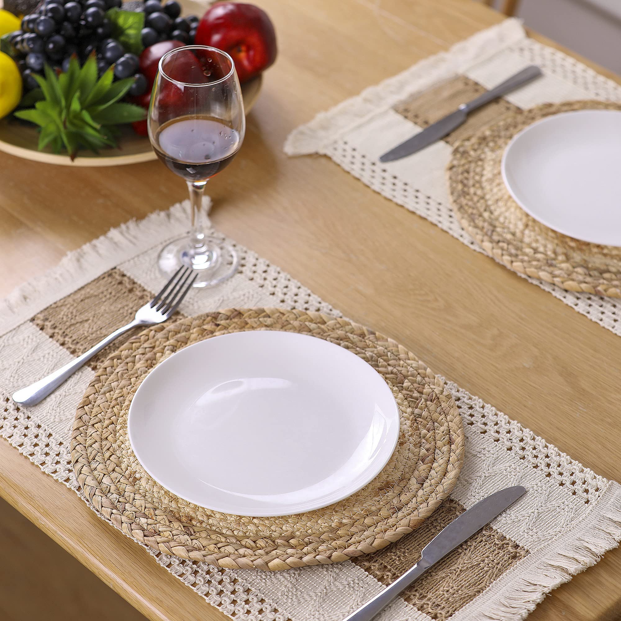 Zology Handmade Boho Placemats Set of 6 - Natural Cotton Burlap and Water Straw Woven Combination Table Mats  Macrame D?cor and Farmhouse Style Placemats  for Dining Table Kitchen