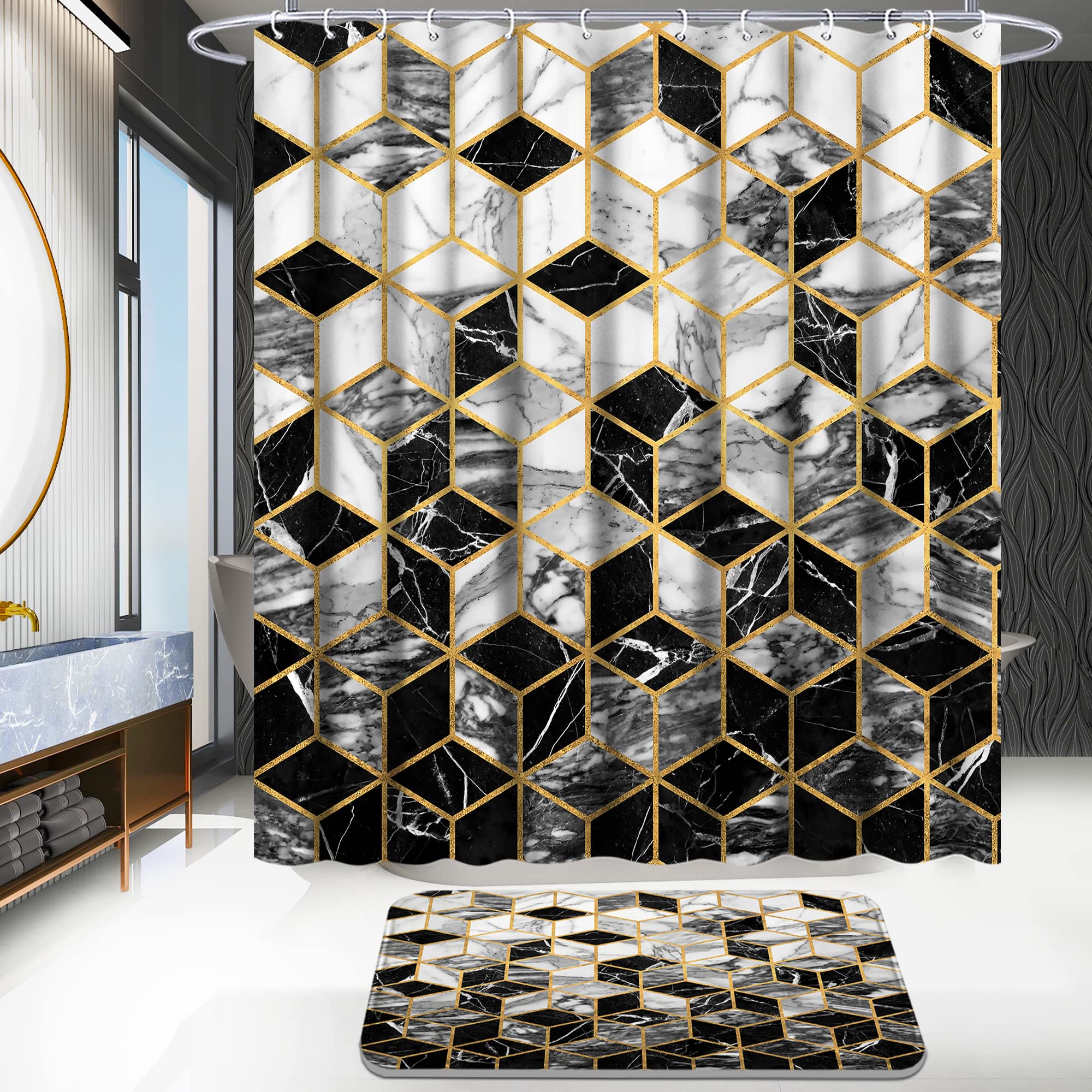 Poedist 4 Pcs Bathroom Shower Curtain Set  Honeycomb Marble Bathroom Sets with Rugs(Bath Mat U Shape and Toilet Lid Cover Mat) and 12 Durable Hooks