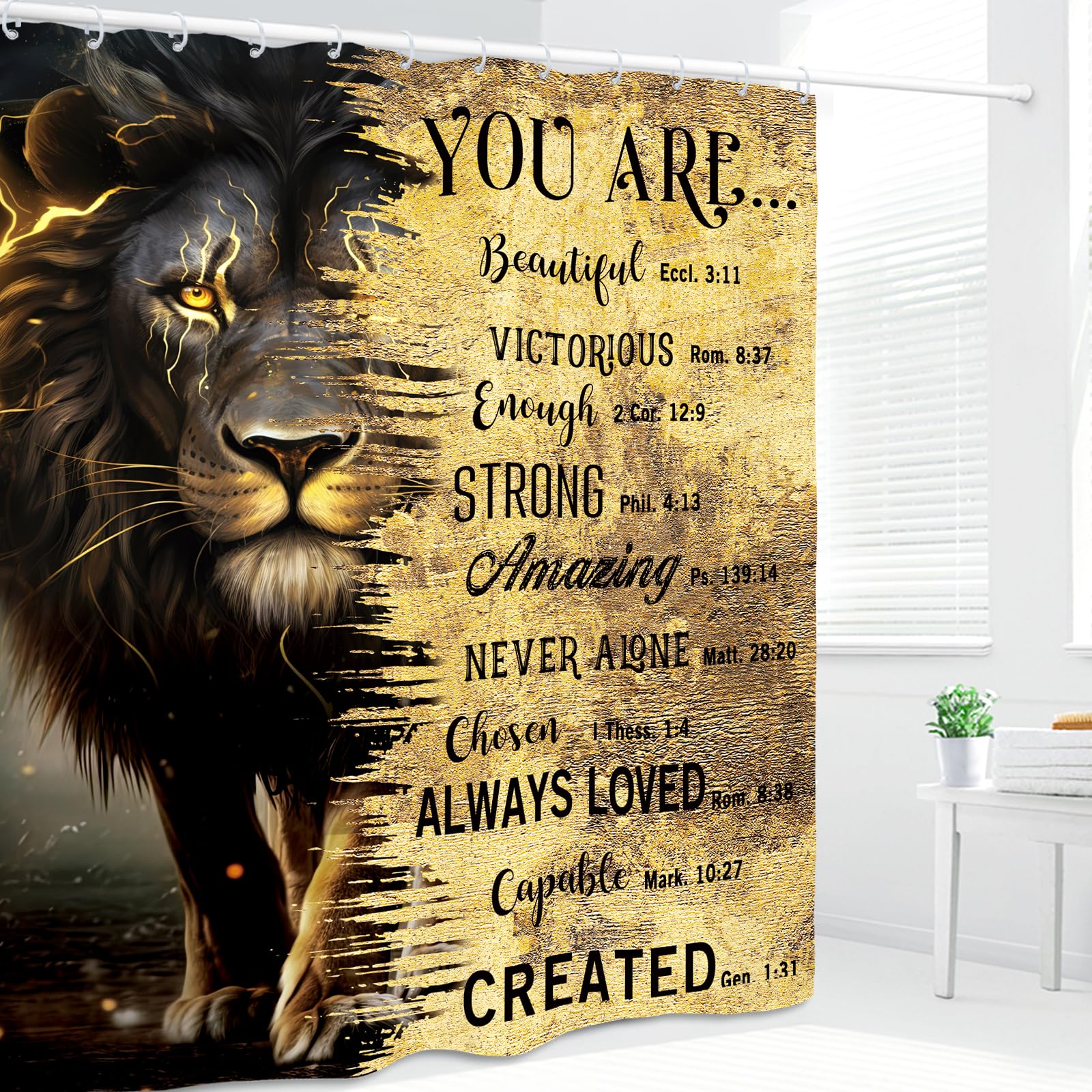 Kalmico Lion Man Masculine Shower Curtain 60Wx72L Inch Black Gold Inspirational Motivational Quotes Bible Cool Contemporary Bath