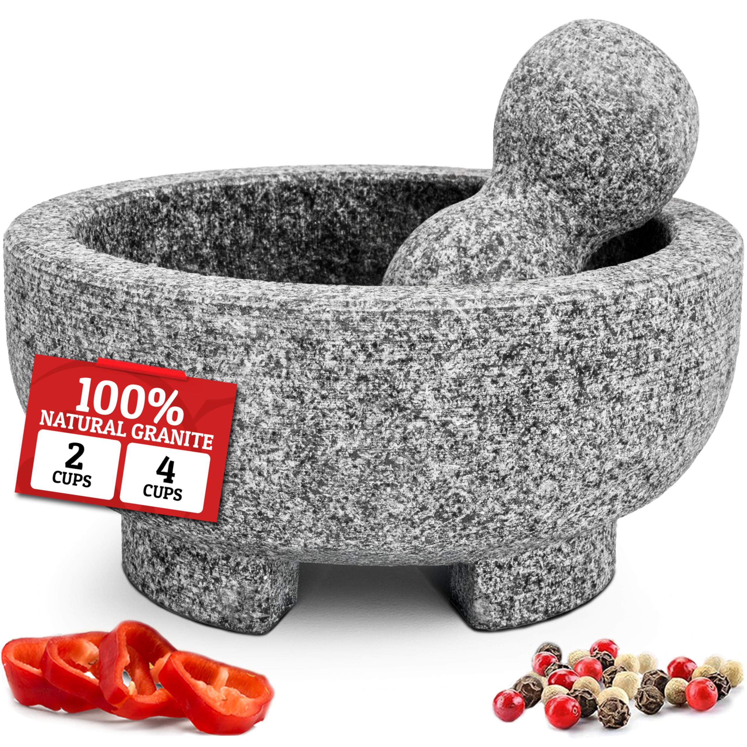 PriorityChef Granite Mortar and Pestle Set - 8 Inch Natural Stone Molcajete Mexicano for Spices, Seasonings, Pastes - Pestle and