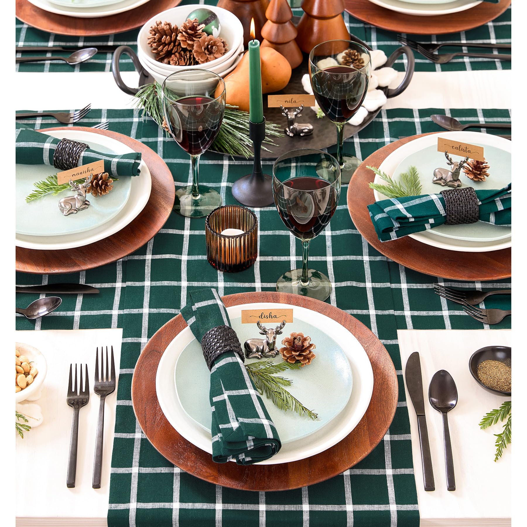 Solino Home Plaid Linen Cloth Napkins Set Of 4-100% Pure Linen Dark Green Check Dinner Napkins 20 X 20 Inch - Handcrafted And Ma