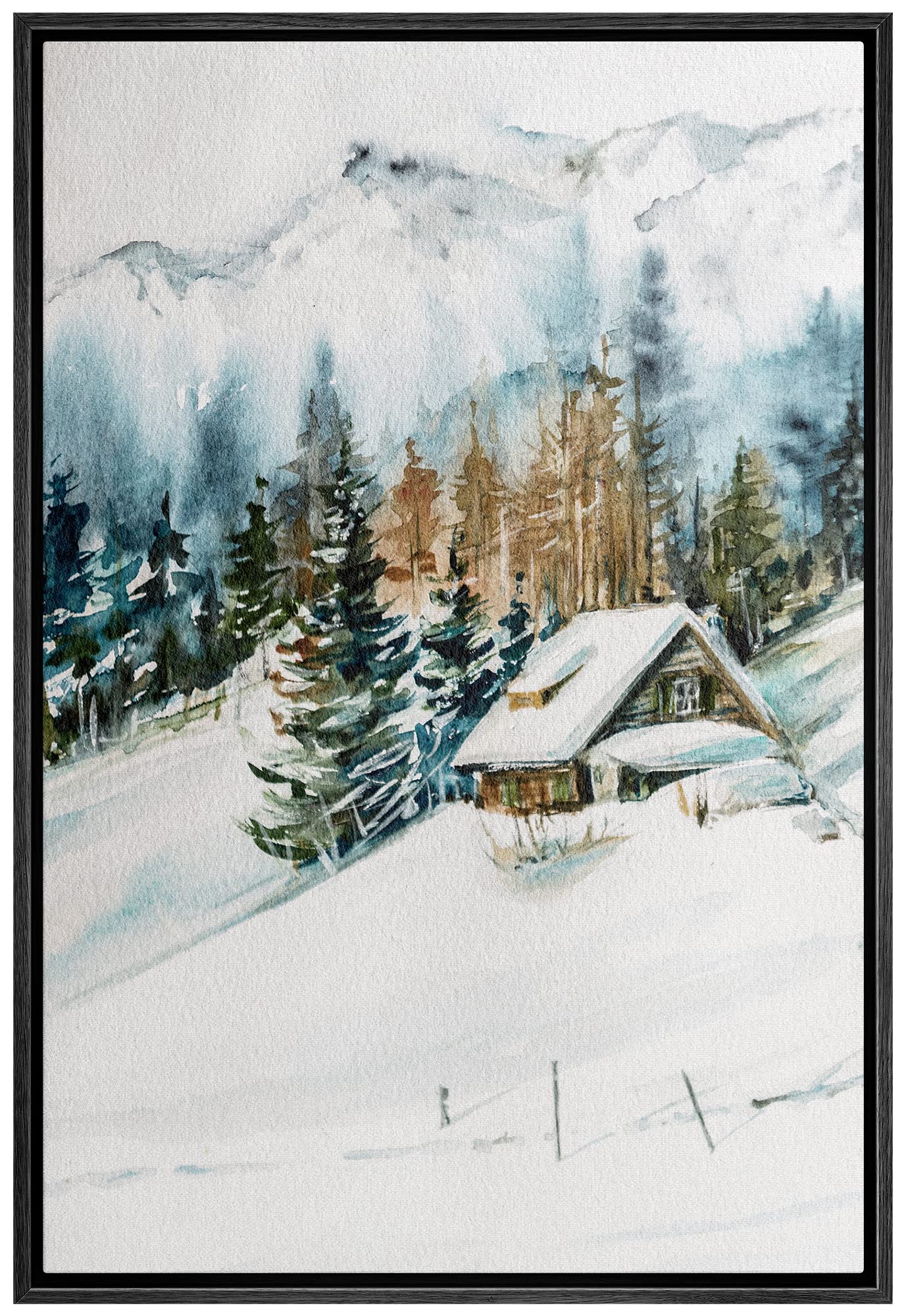 Signwin Framed Canvas Print Wall Art Woodland Nursery Decor Log Cabin Winter Snow Mountain Forest Nature Modern Art Decorative L