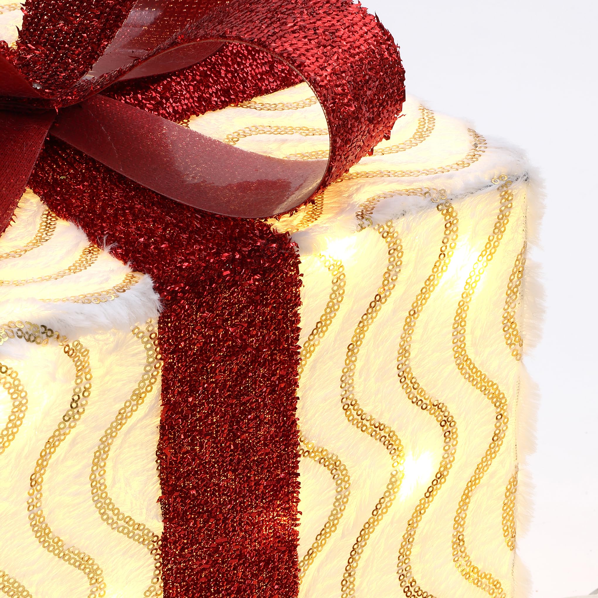 LuxenHome Set of 3 Lighted Gift Boxes, Plug-in Wavy Design with Red Ribbon Bow Boxes for Xmas Holiday Display, Lawn, Porch, Unde