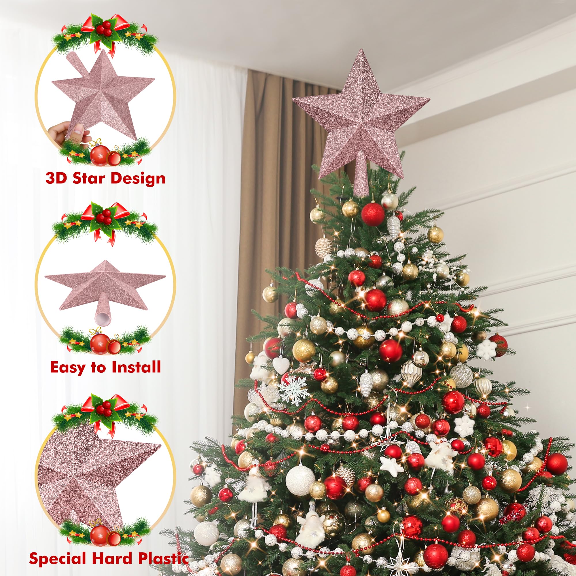 Christmas Tree Top Ornament, 10 Rose Gold Christmas Star Tree Topper, Large Xmas Glitter 3D Bethlehem Tree Topper Ornament, Wate