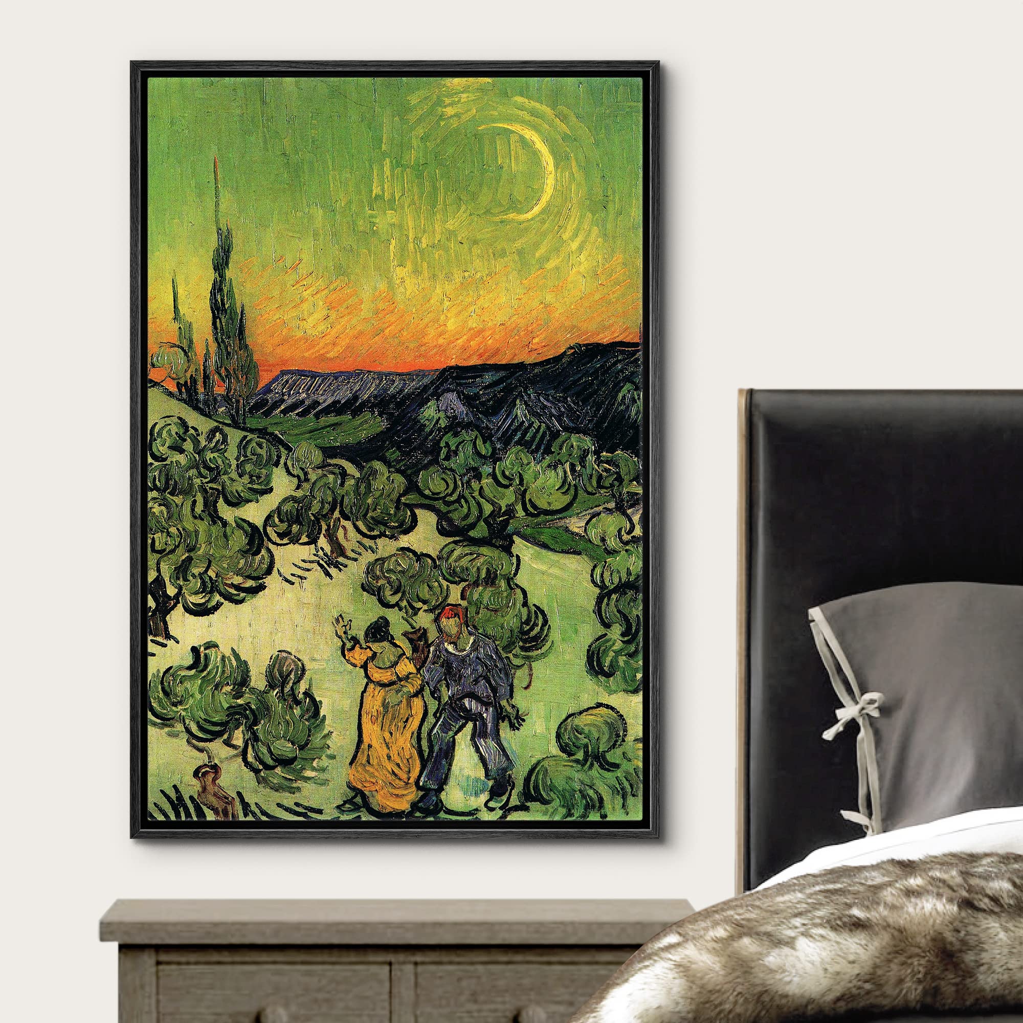 Wall26 Framed Canvas Print Wall Art Road With Cypress & Star By Master Artist Vincent Van Gogh Nature Wilderness Illustrations F