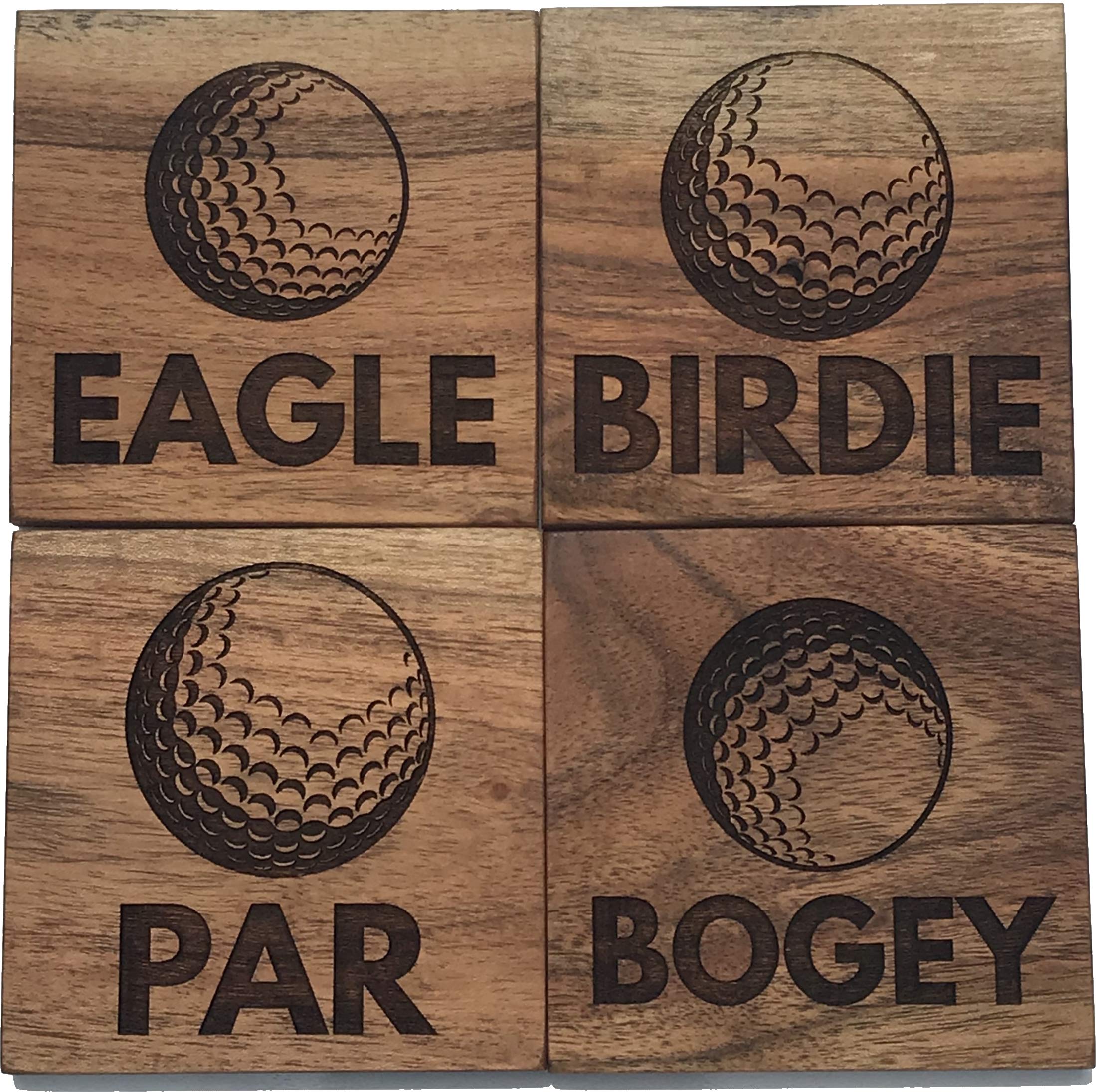Golf Coasters, Golf Drink Coasters - Gift for Golfer - Birdie, Eagle, Bogey, Par Coasters - Engraved Acacia Wood Design Golf Dec