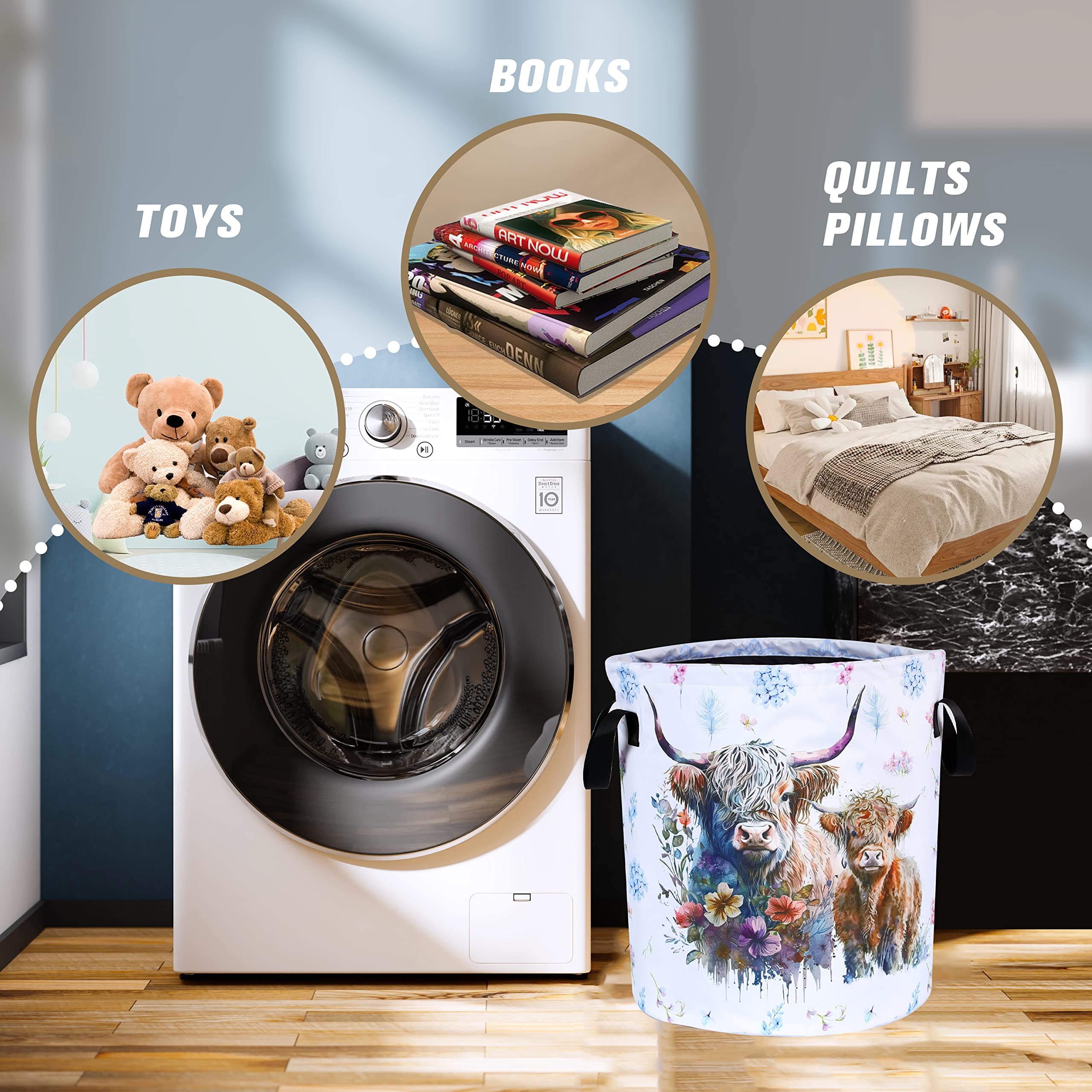 Highland Cow Laundry Basket Cattle Animal Foldable Waterproof Oxford Cloth Funny Tote Bag Laundry Hamper Clothes Storage Bucket