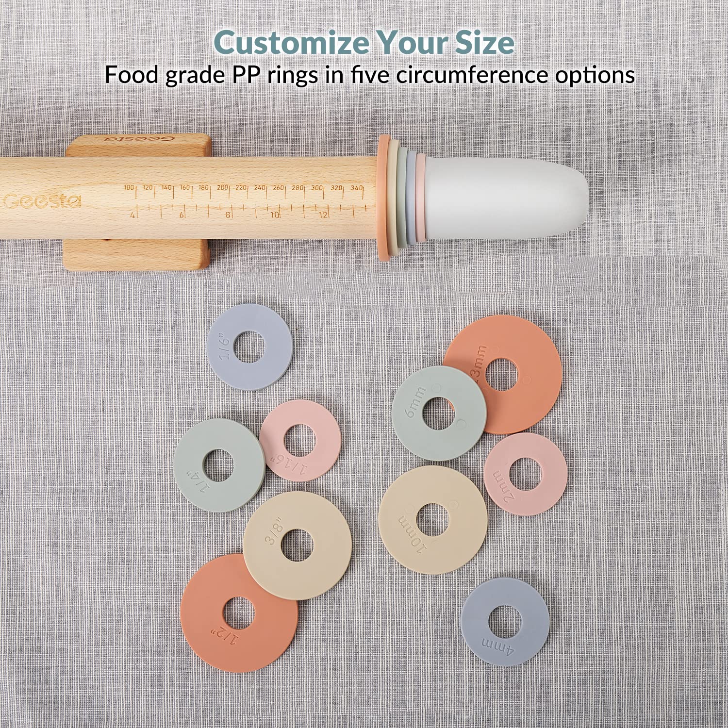 Geesta Adjustable Wood Rolling Pin with 5 Thickness Rings, Dough Roller, Measurement Guide for Baking, Model GETA057