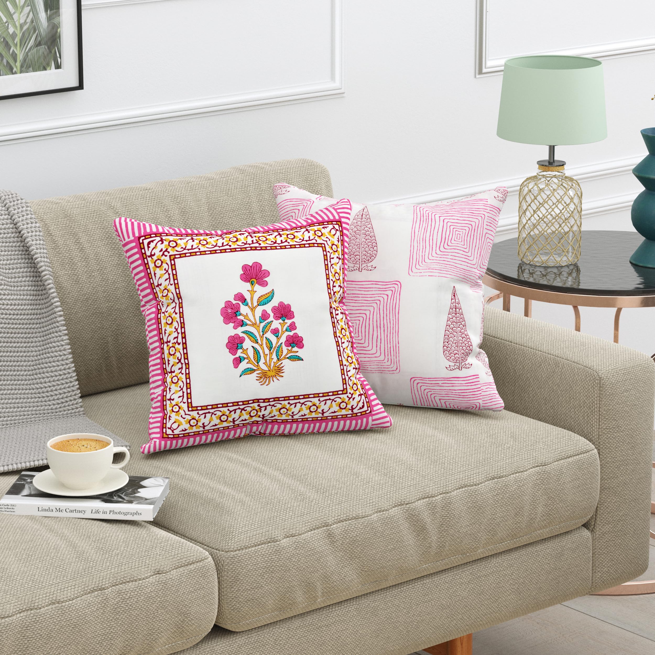 Blocks Of India Hand Block Printed Cotton Cushion Cover (16 X 16 Inches) (2, Gulabi Rose)