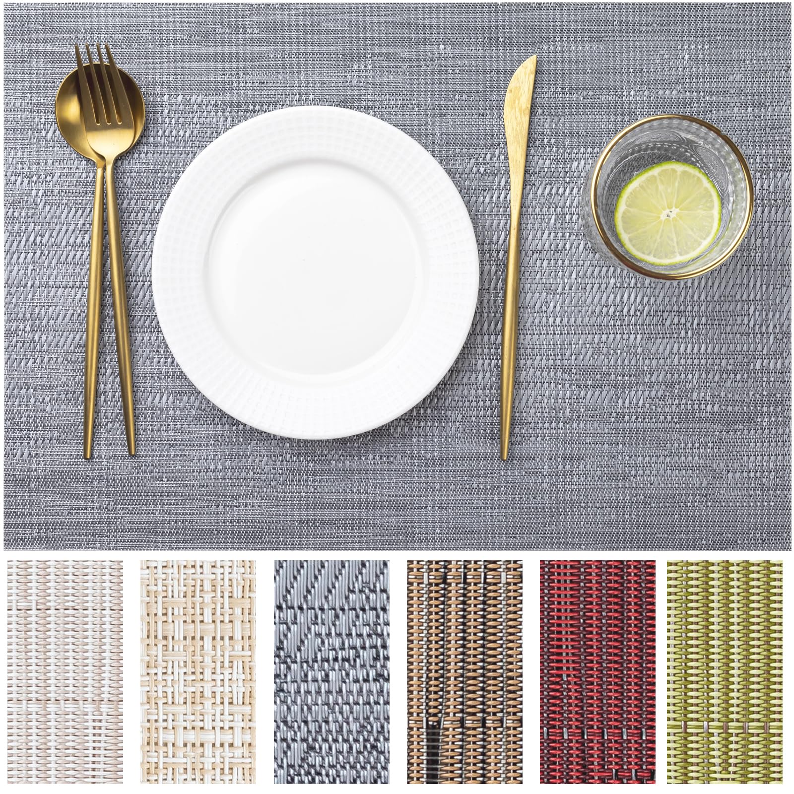 Lexmore Pvc Woven Placemats 4 Pcs Wipeable Indoor/Outdoor Table Mats Washable Vinyl Place Mat For Dining Table, Set Of 4-Gray