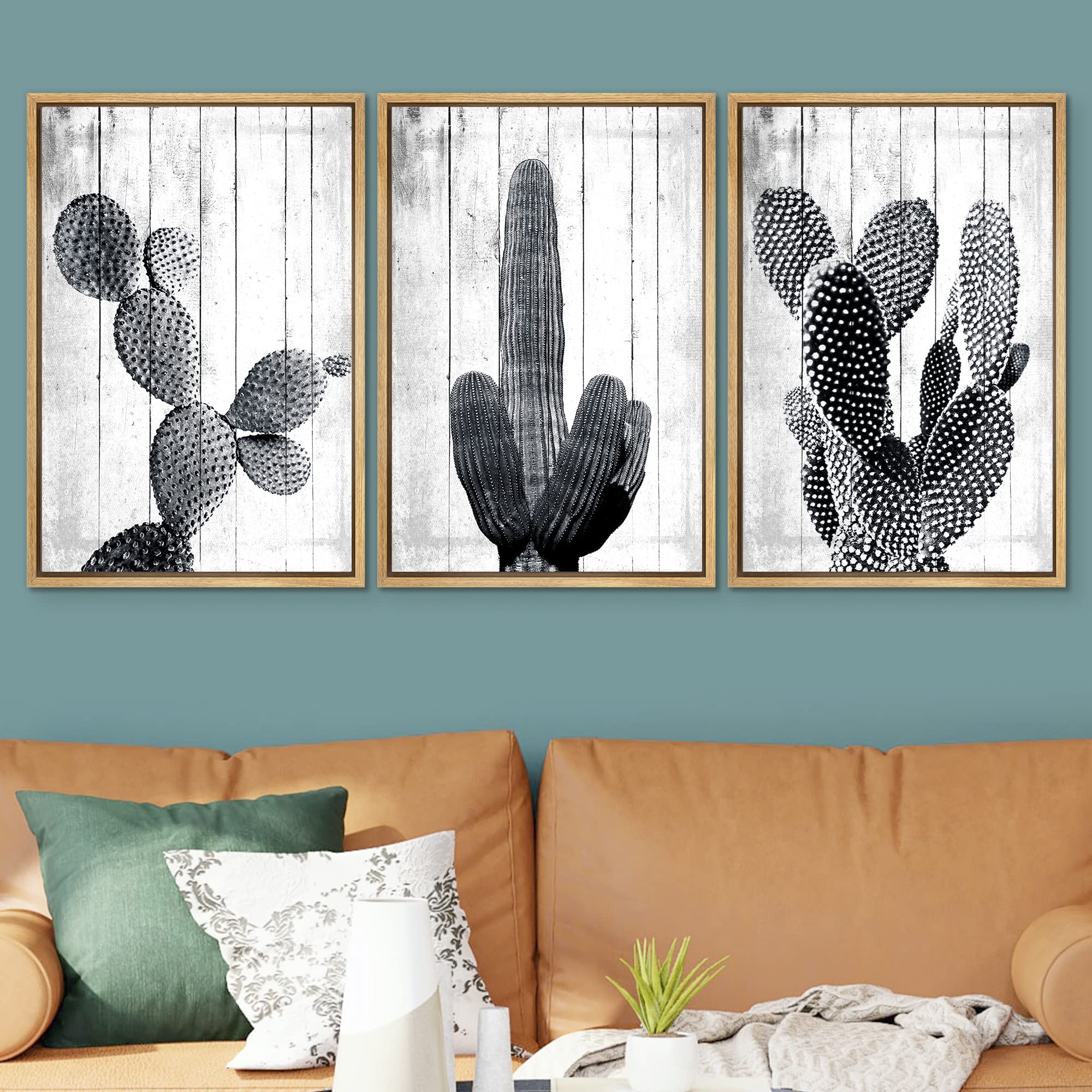 Signwin Framed Canvas Print Wall Art Black And White Cactus Groups Decorative Shapes Illustrations Modern Art Rustic Relax/Calm