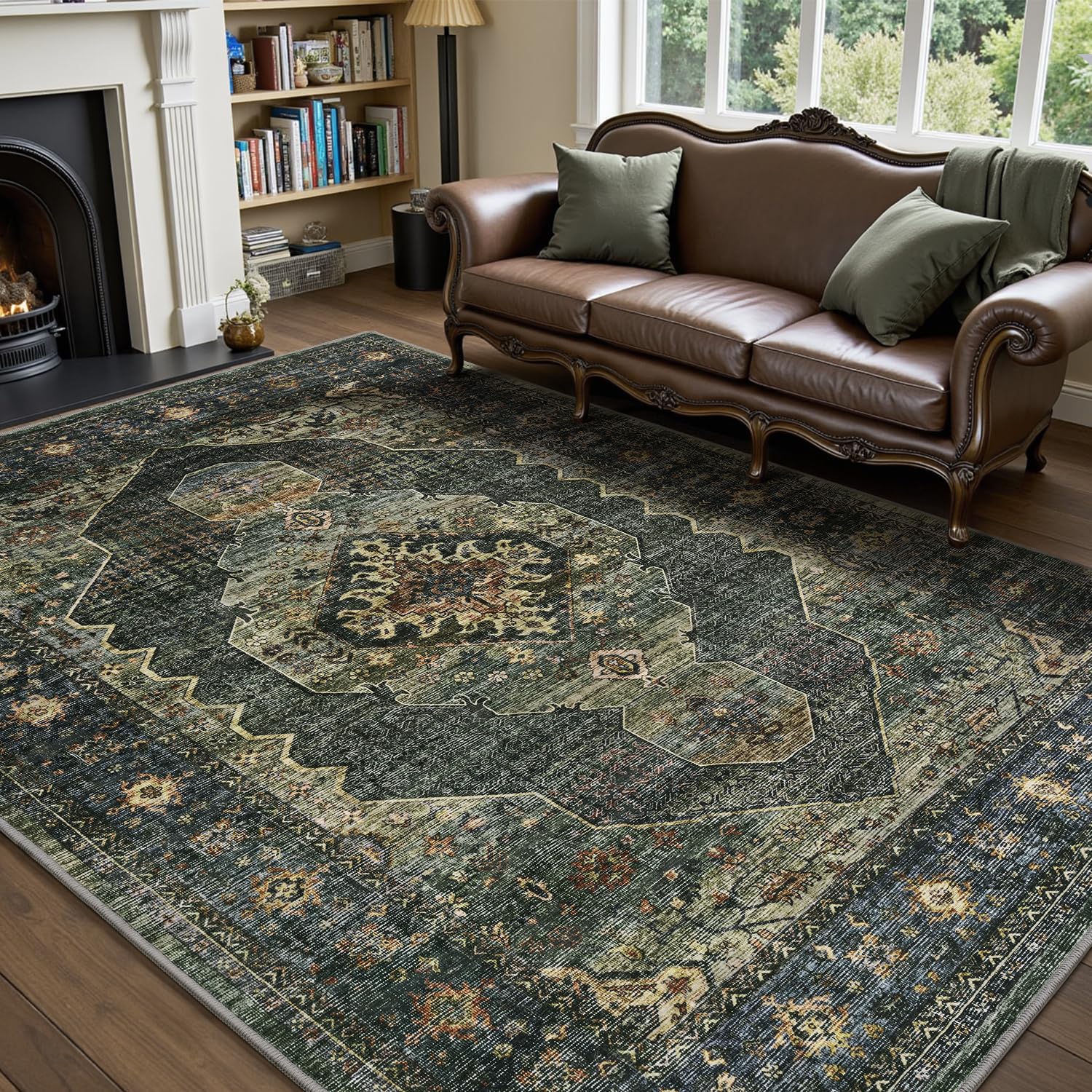 Engiw Olive Green 8x10 Area Rugs for Living Room Bedroom Rug Washable Vintage Neutral Farmhouse Rug Carpet Dining Room Rugs Offi