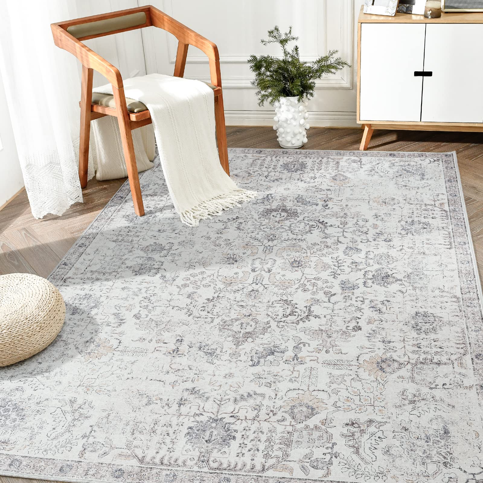 jinchan Area Rug 5x7 Washable Rug Vintage Rug Indoor Thin Rug Gray Retro Accent Rug Distressed Carpet Grey Floral Country Boho R