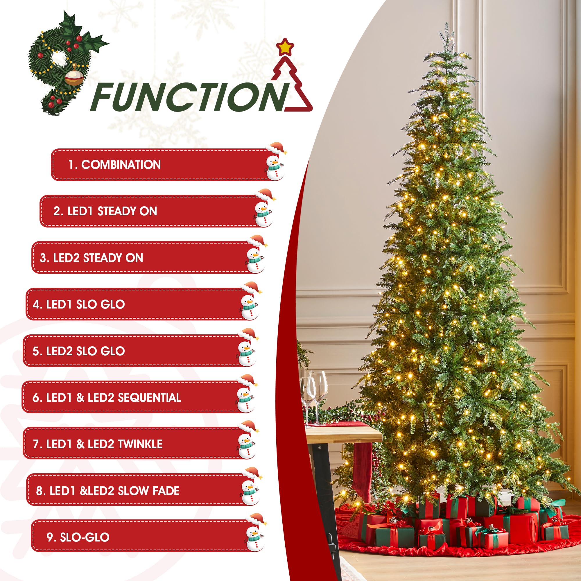 Glitzhome 9ft Prelit Christmas Tree, Artificial Christmas Tree with 650 Warm White/Multi-Color Lights, Slim Christmas Tree Radia