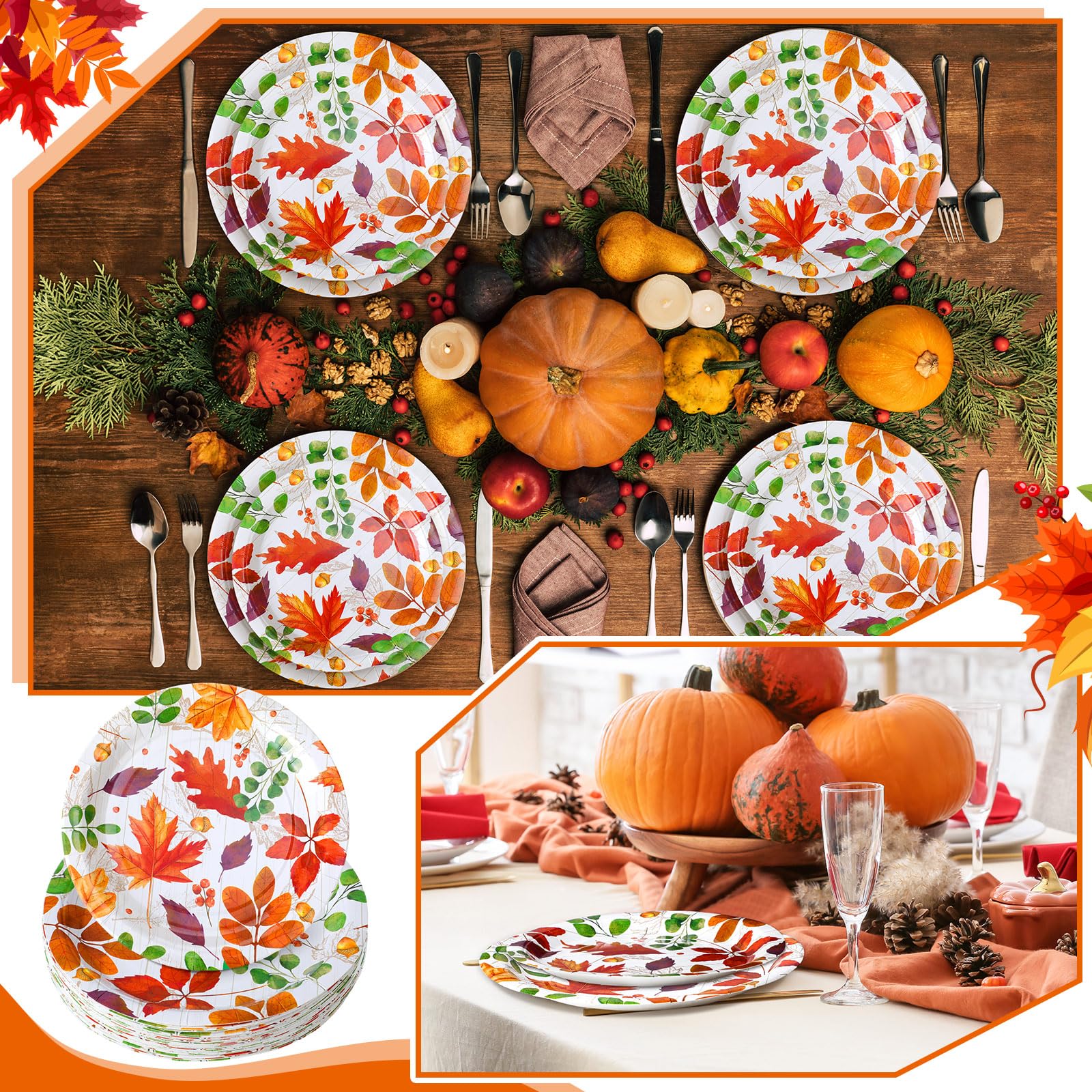 Yungyan 50 Pcs Fall Thanksgiving Leaves Paper Plates Disposable Maple Autumn Thanksgiving Party Plates 9 Inch 7 Inch Maple Leaf